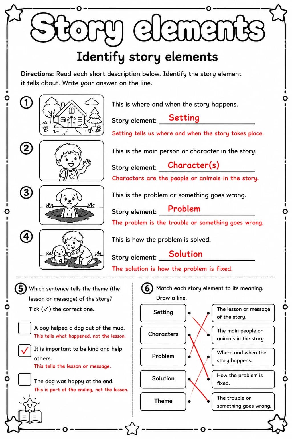 Answer key for Identify story elements — free printable English & Reading worksheet