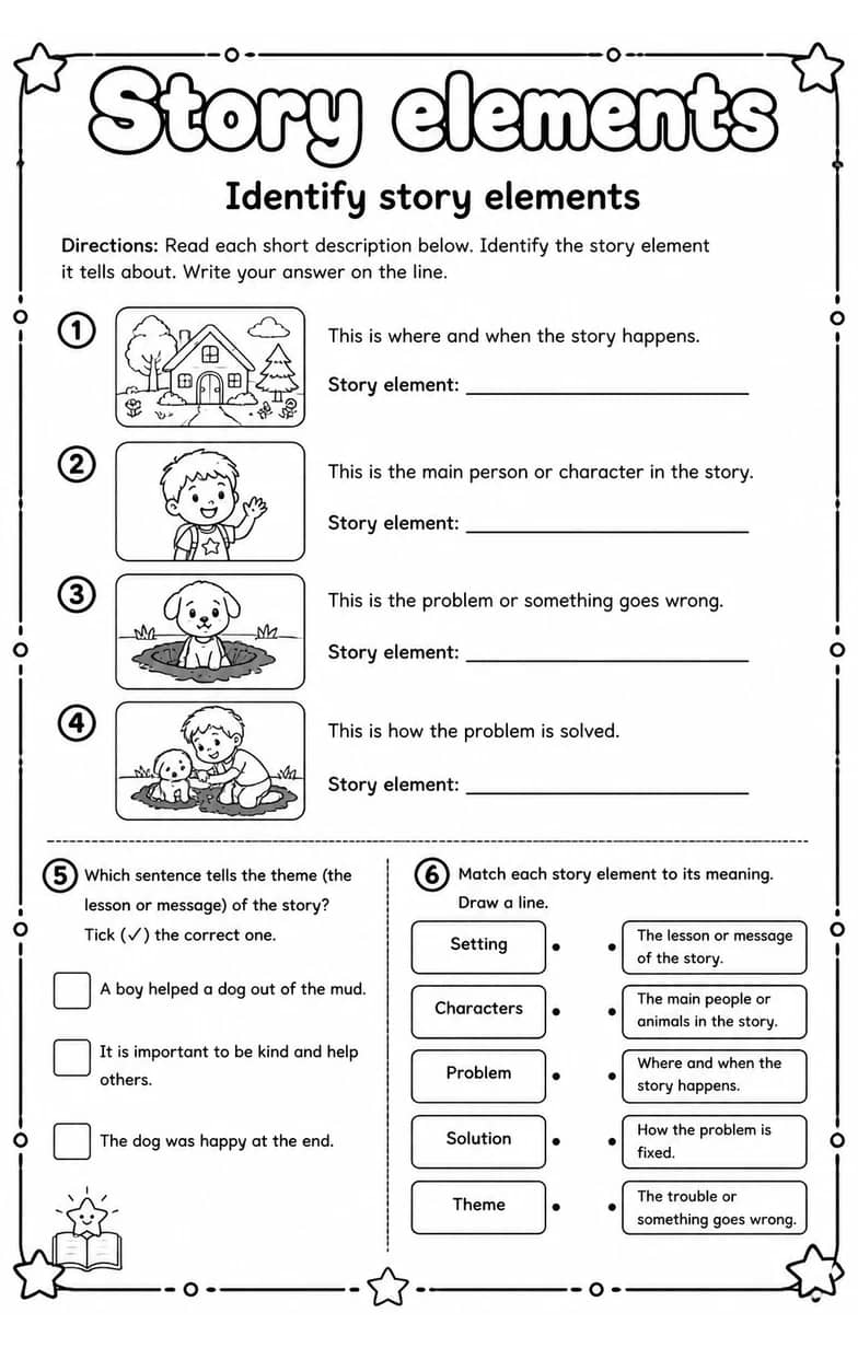 Identify story elements — free printable Reading strategies English worksheet