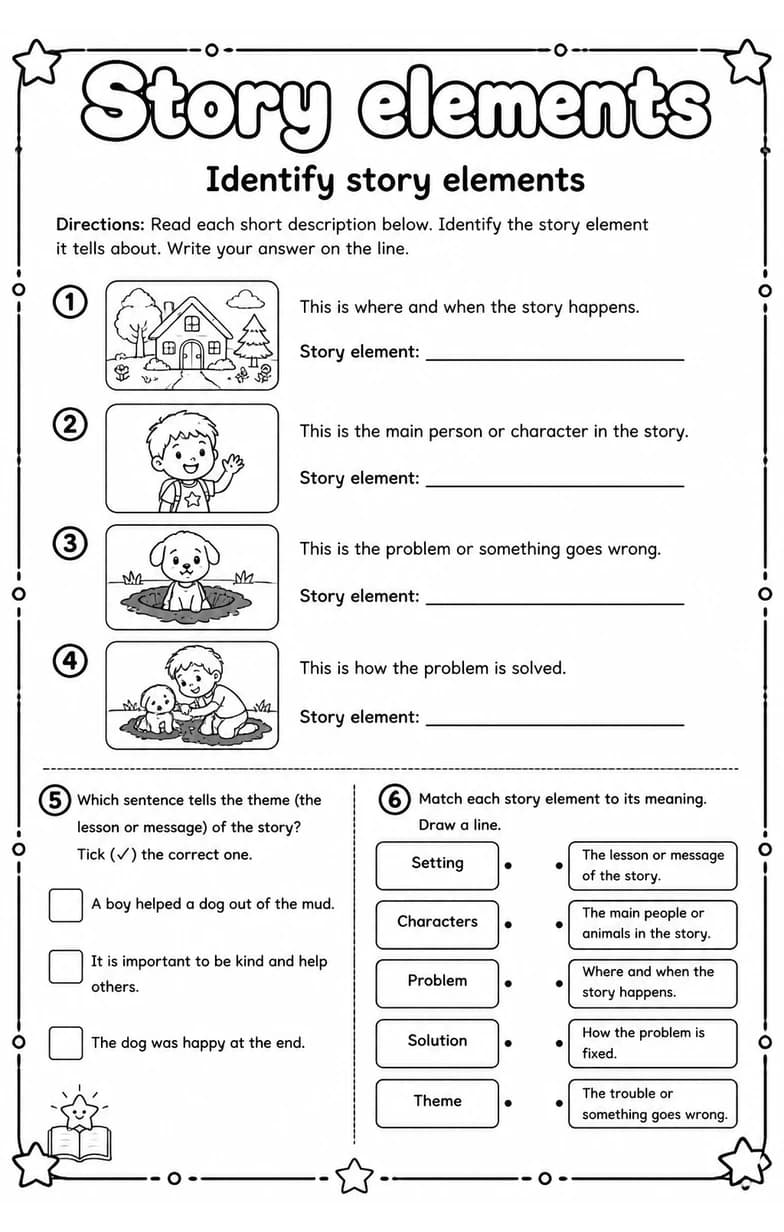 Identify story elements — free printable Grade 3 English & Reading worksheet