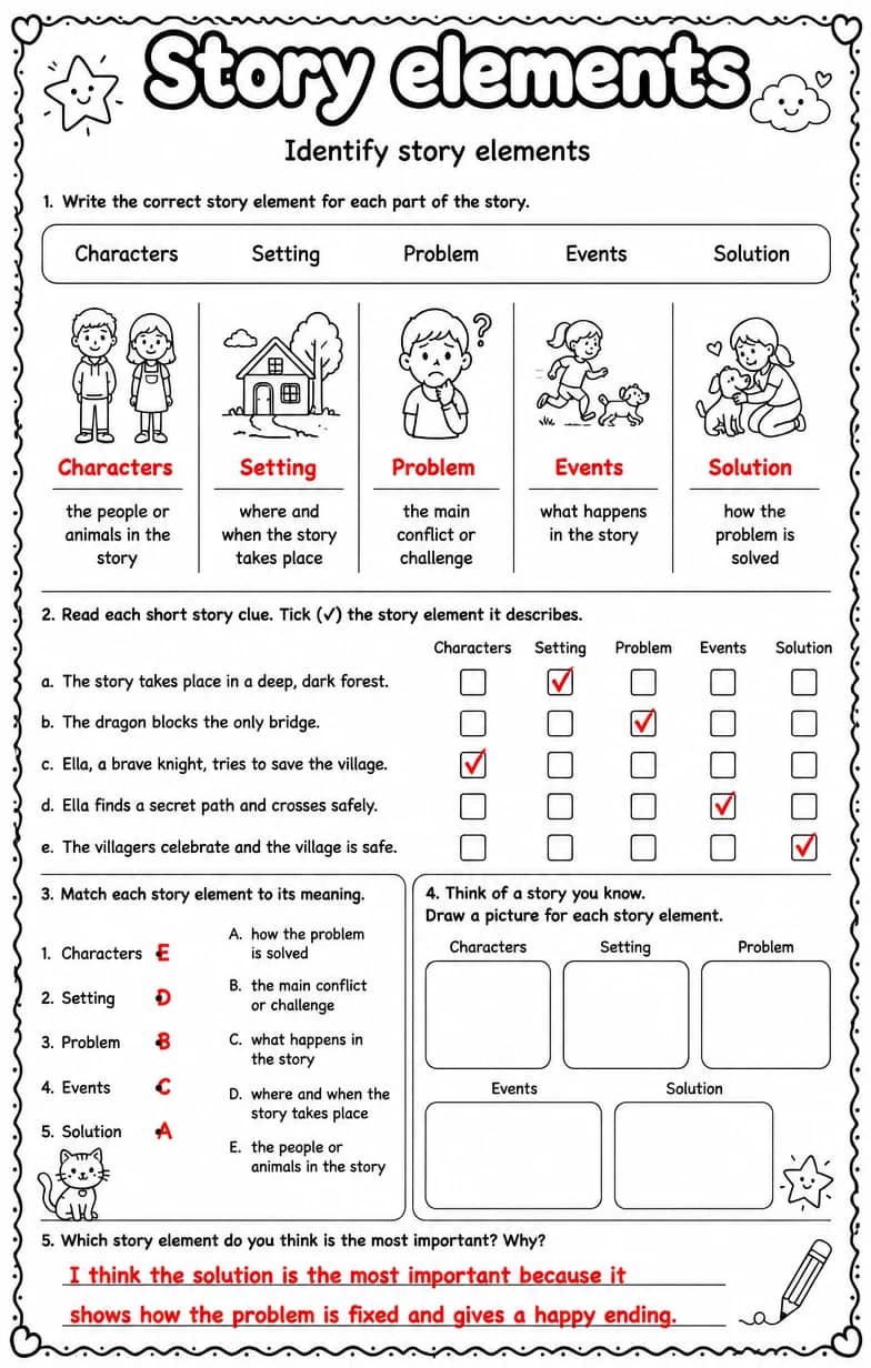Answer key for Identify story elements — free printable English & Reading worksheet