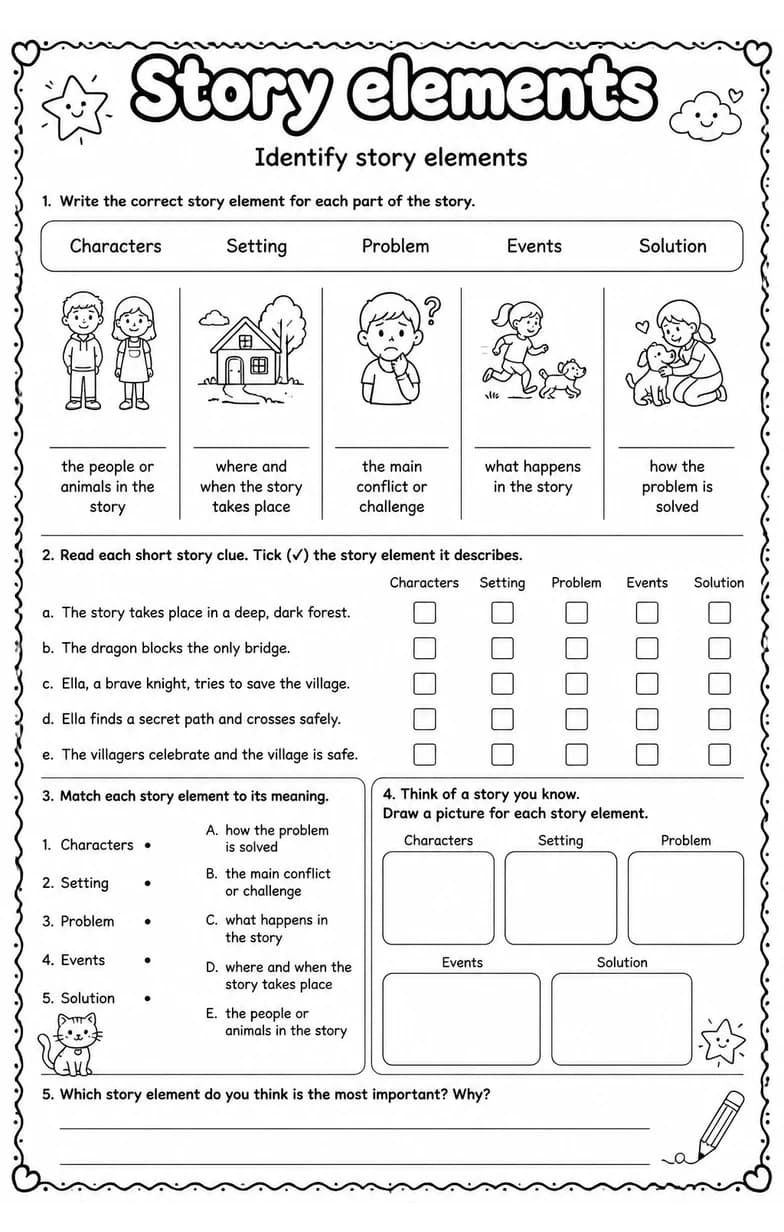 Identify story elements — free printable Grade 4 English & Reading worksheet