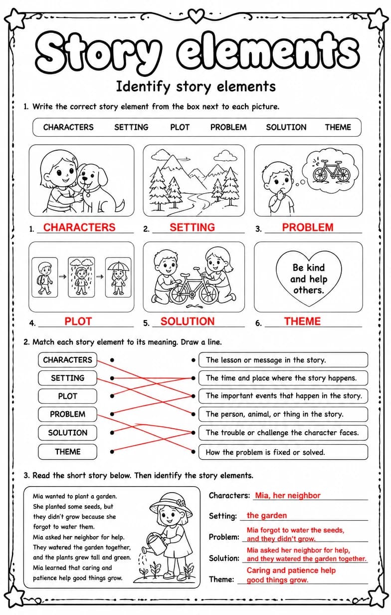 Answer key for Identify story elements — free printable English & Reading worksheet