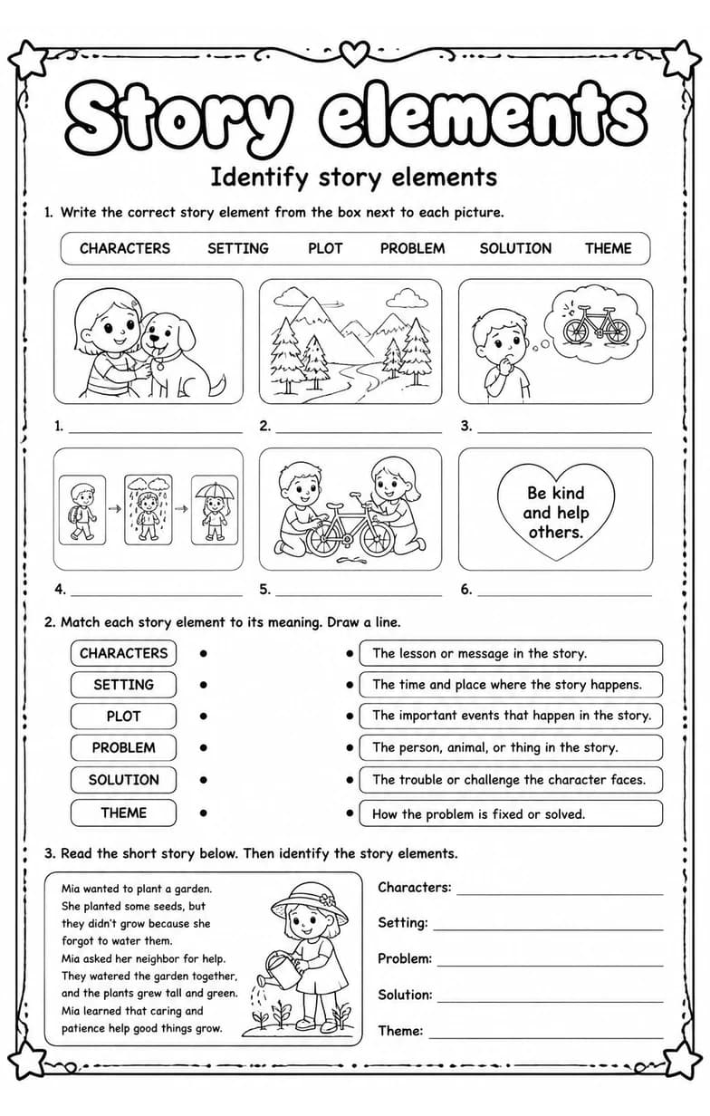 Identify story elements — free printable Reading strategies English worksheet