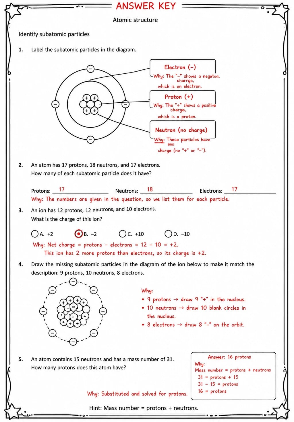 Answer key for Identify subatomic particles — free printable Science worksheet