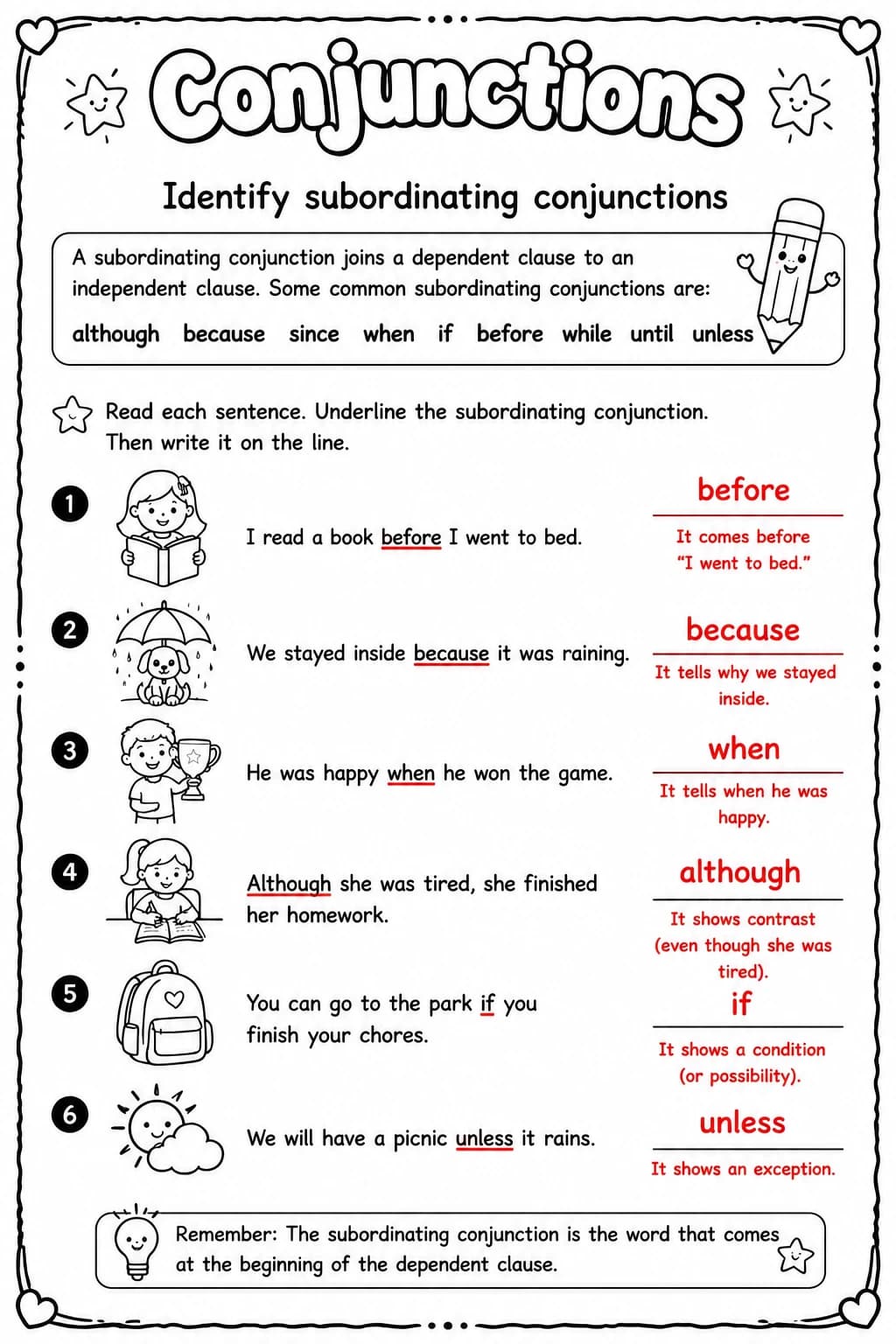 Answer key for Identify subordinating conjunctions — free printable English & Reading worksheet