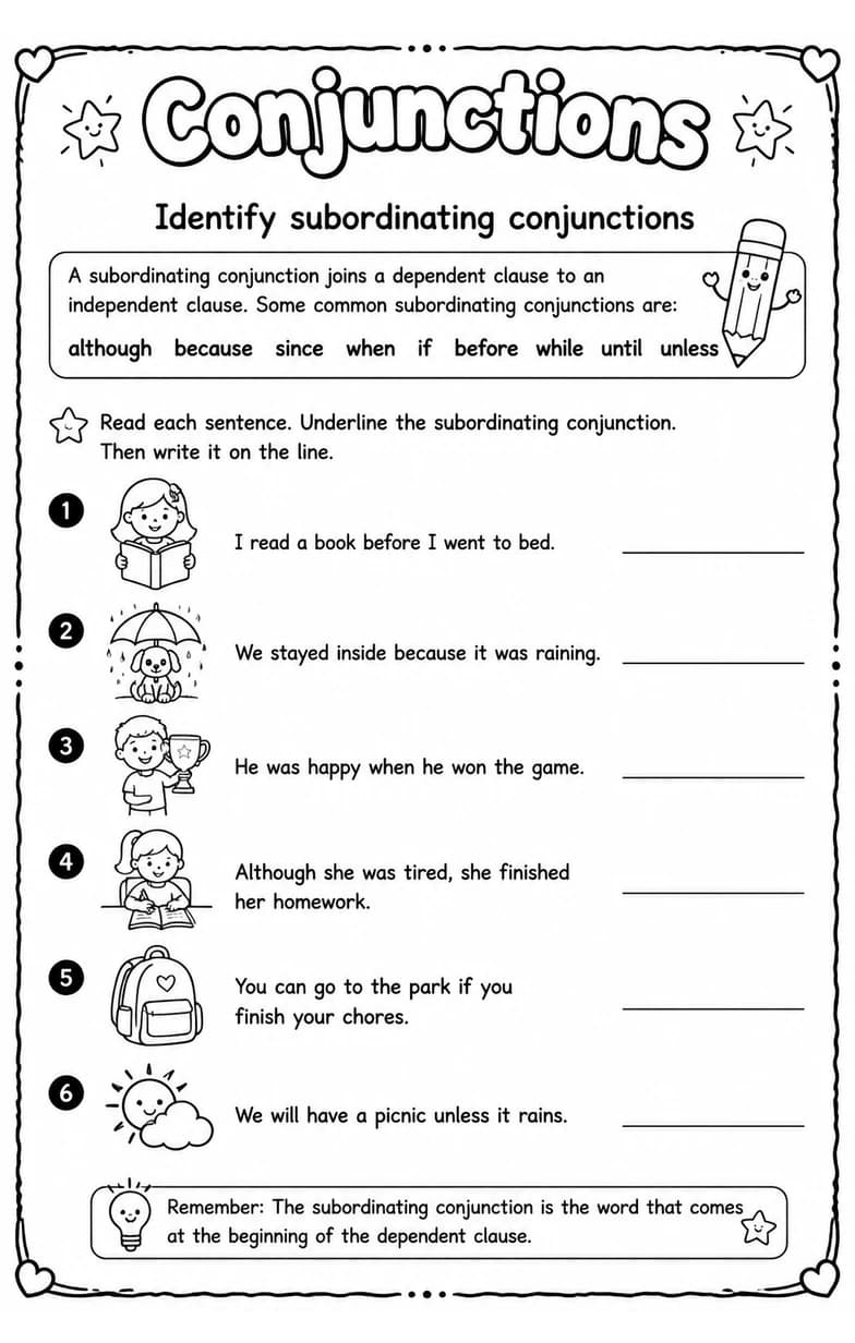 Identify subordinating conjunctions — free printable Grade 3 English & Reading worksheet