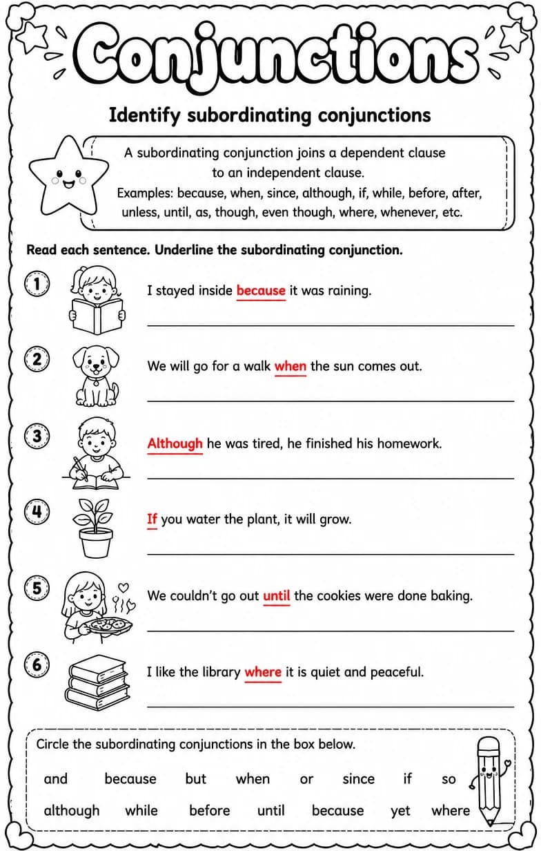 Answer key for Identify subordinating conjunctions — free printable English & Reading worksheet