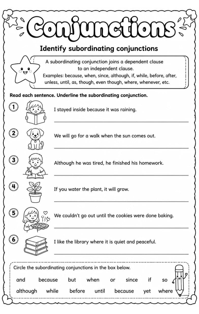 Identify subordinating conjunctions — free printable Grammar and mechanics English worksheet