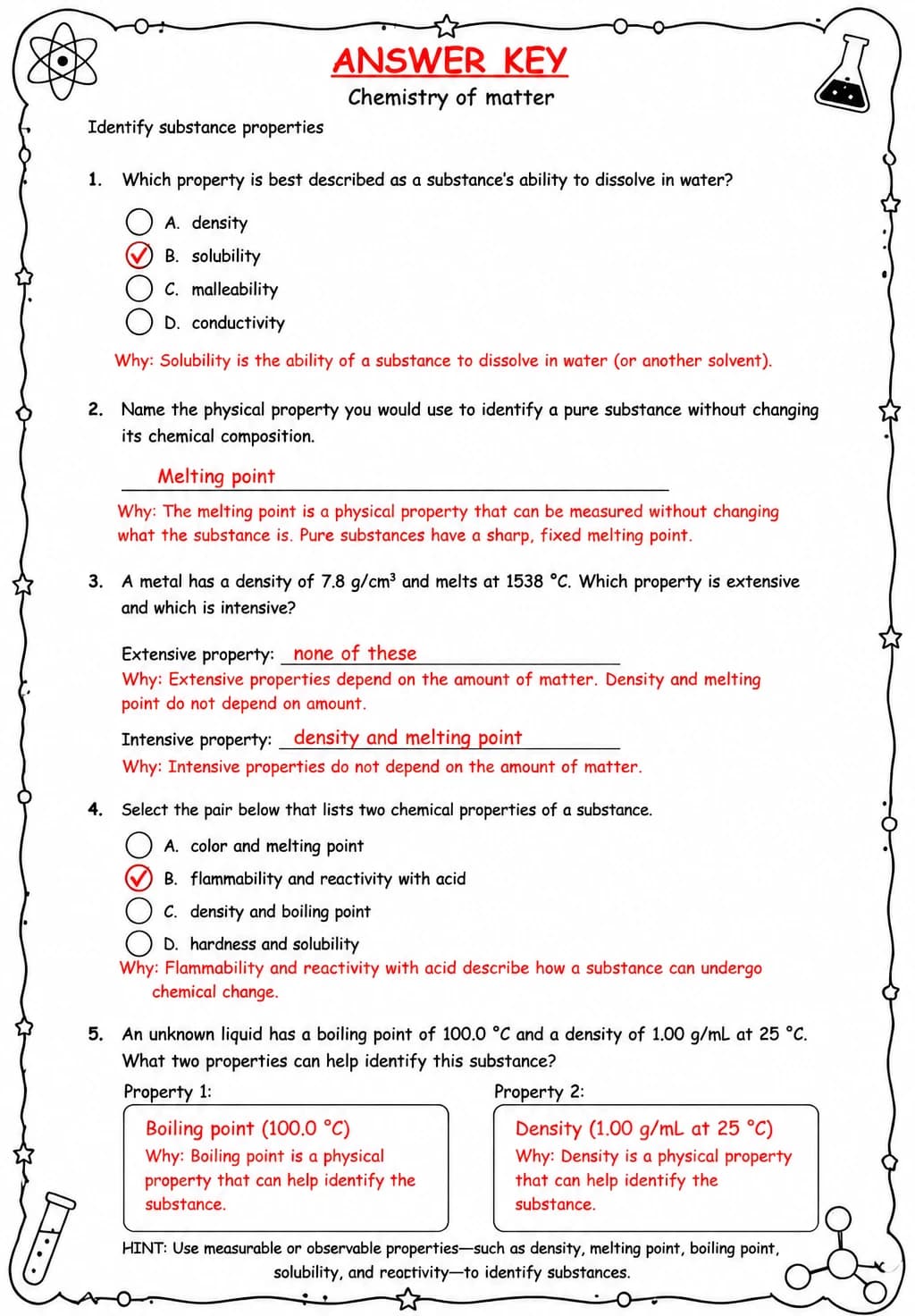 Answer key for Identify substance properties — free printable Science worksheet