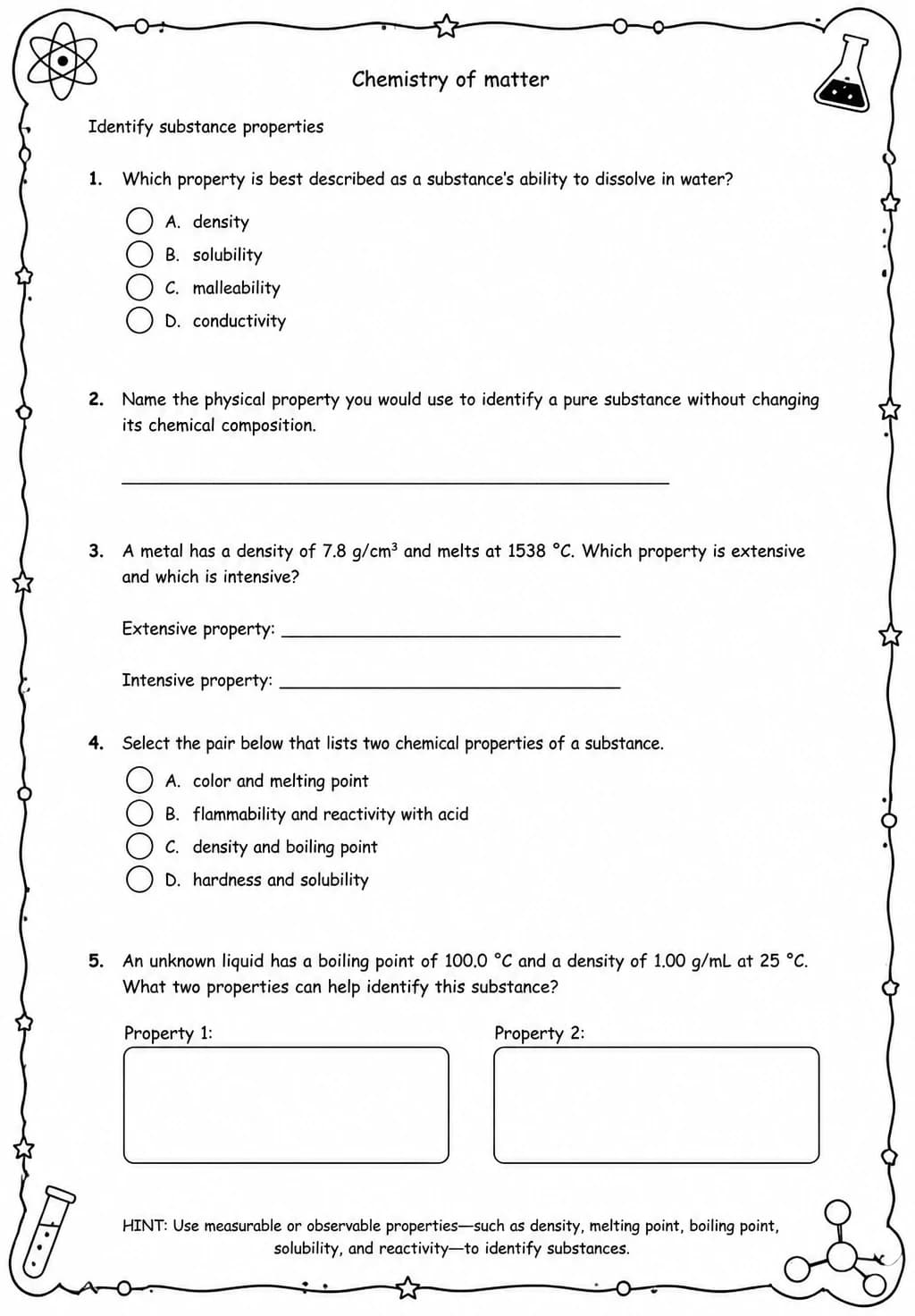Identify substance properties — free printable Middle School Science worksheet
