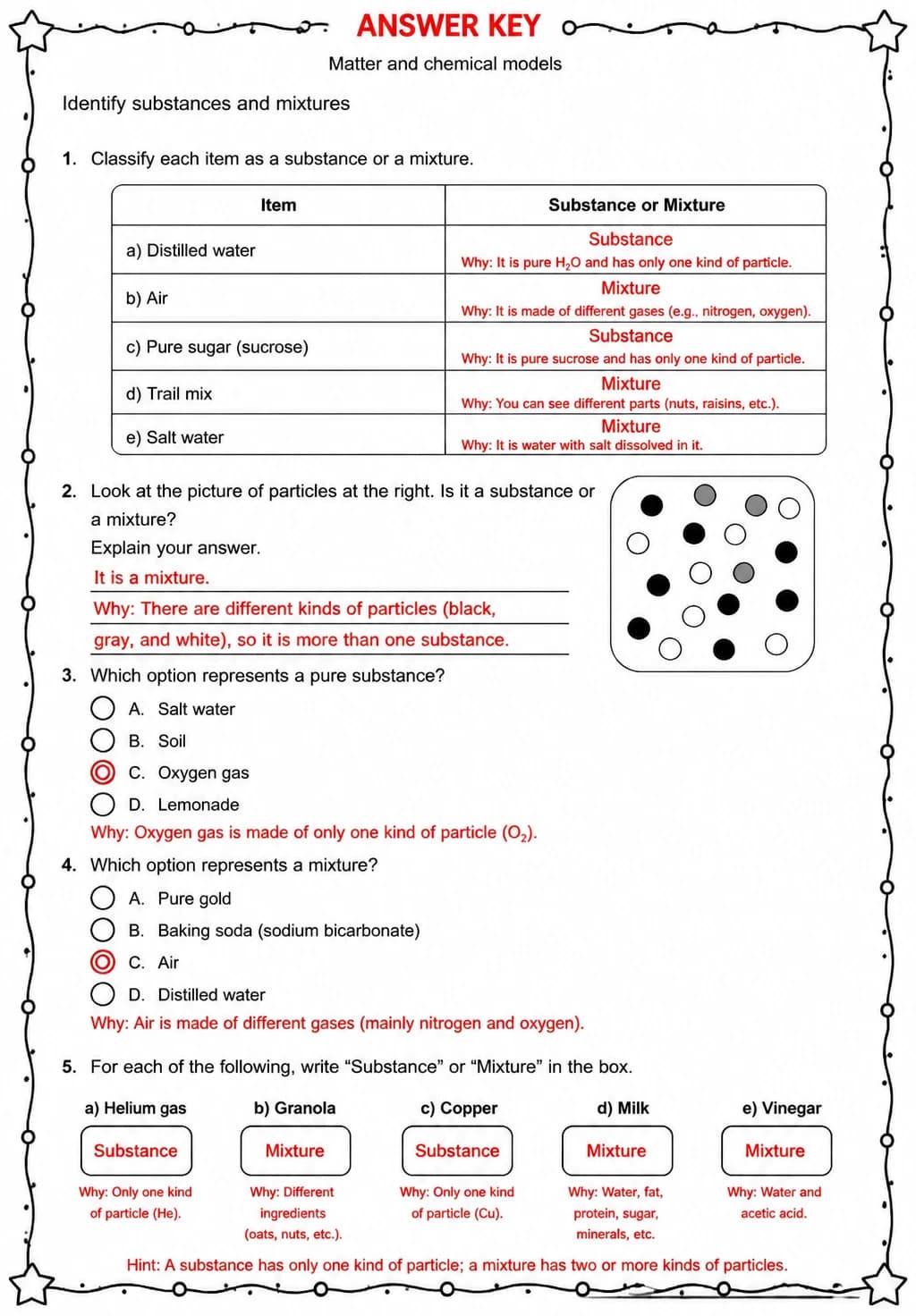 Answer key for Identify substances and mixtures — free printable Science worksheet