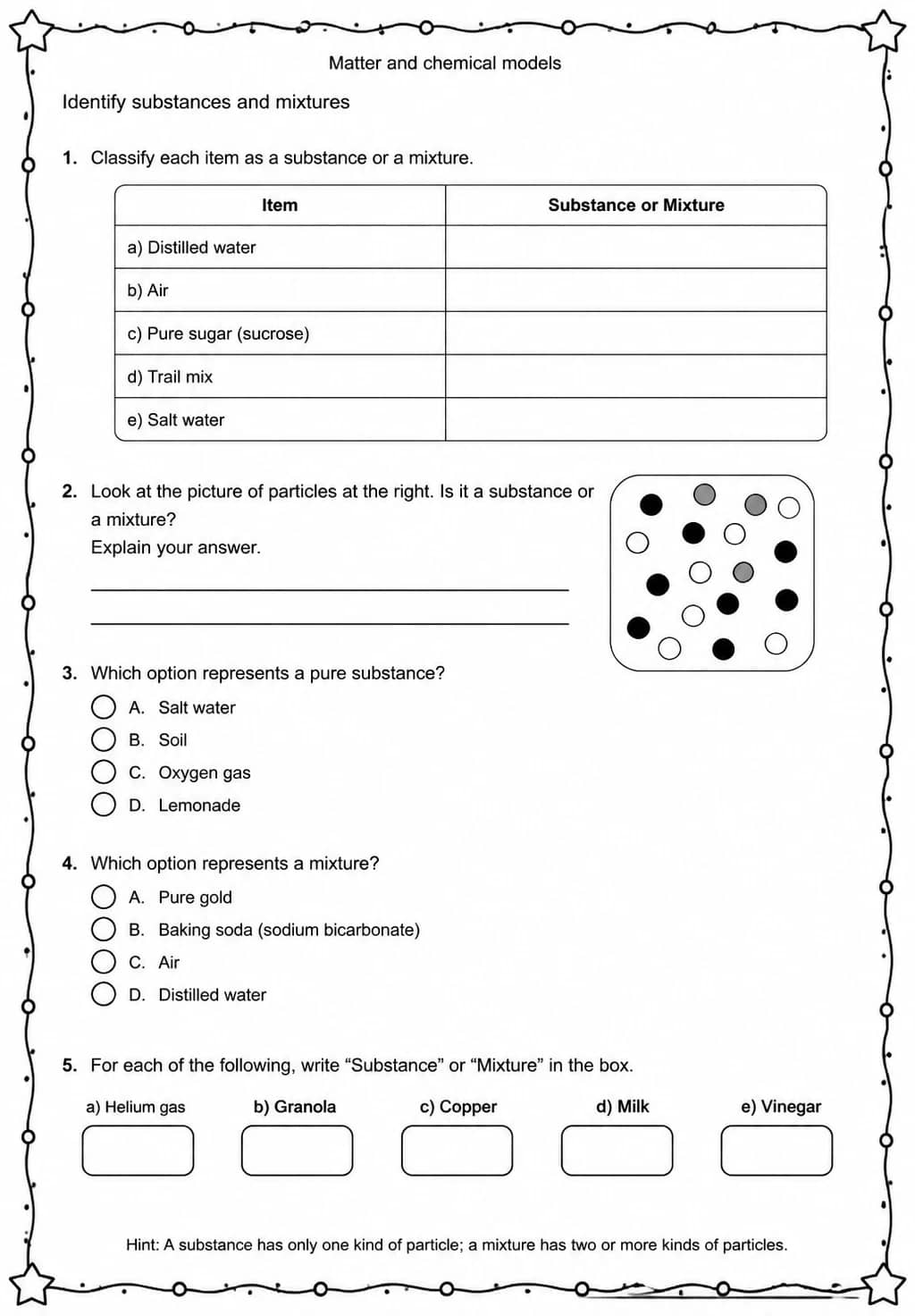 Identify substances and mixtures — free printable Grade 5 Science worksheet