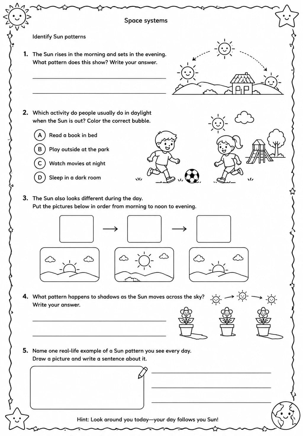Identify Sun patterns — free printable Grade 3 Science worksheet