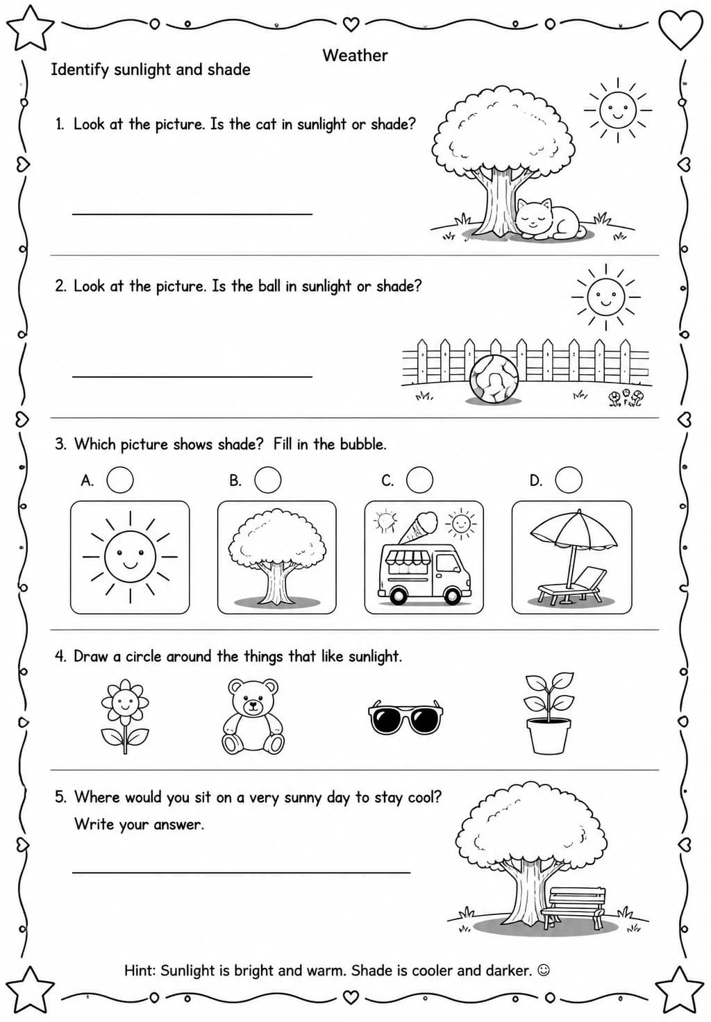 Identify sunlight and shade — free printable Grade 1 Science worksheet