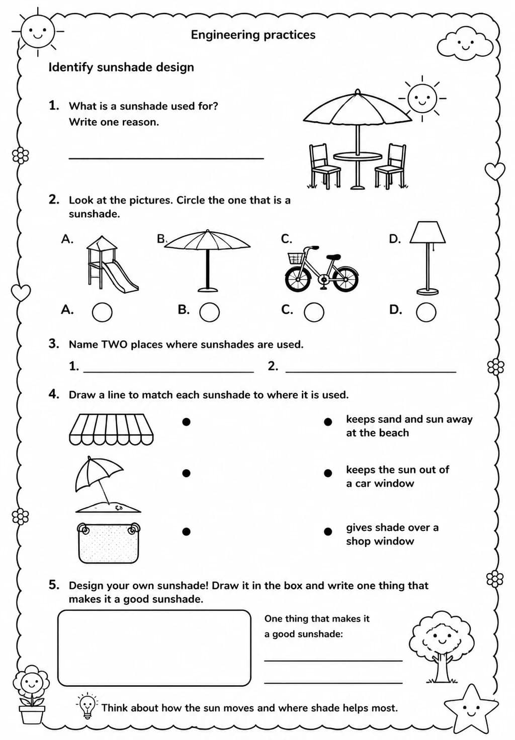 Identify sunshade design — free printable Grade 1 Science worksheet