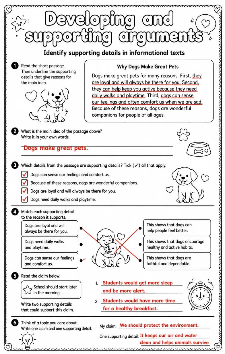 Answer key for Identify supporting details in informational texts — free printable English & Reading worksheet