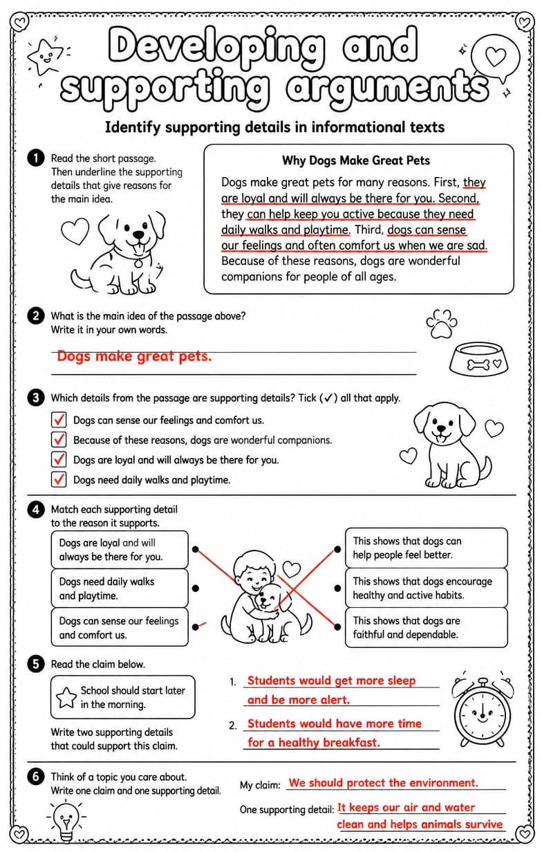 Answer key for Identify supporting details in informational texts — free printable English & Reading worksheet