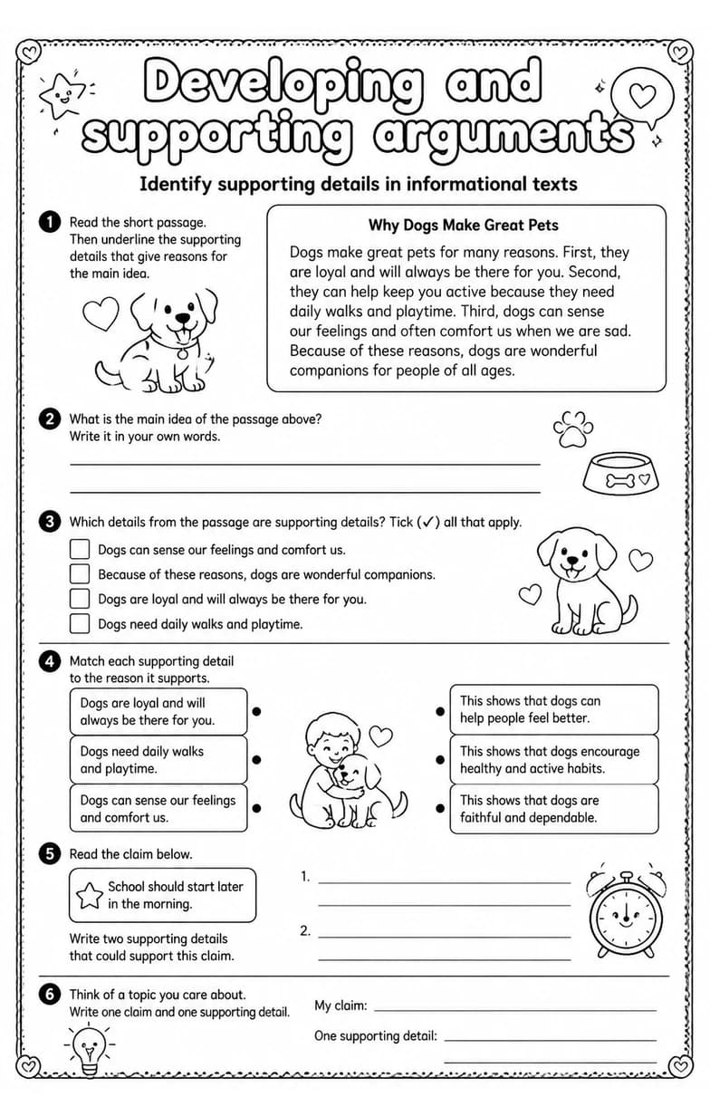 Identify supporting details in informational texts — free printable Grade 4 English & Reading worksheet
