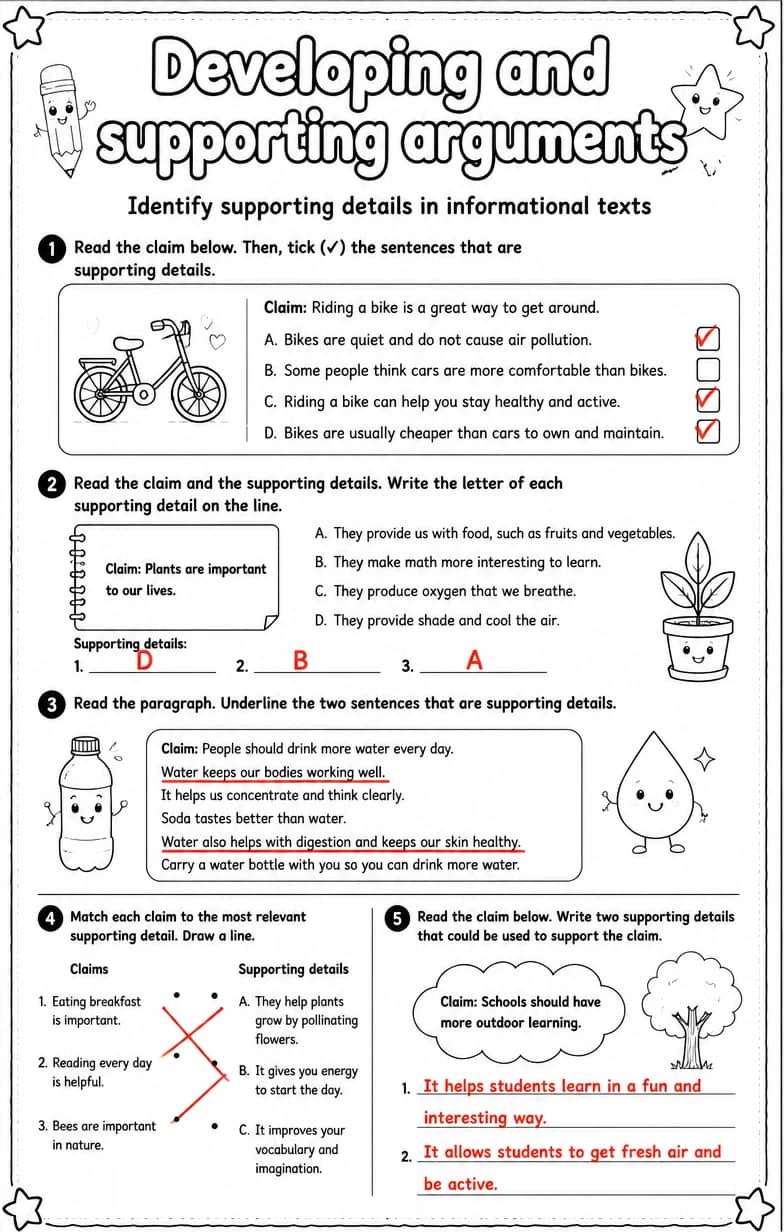 Answer key for Identify supporting details in informational texts — free printable English & Reading worksheet