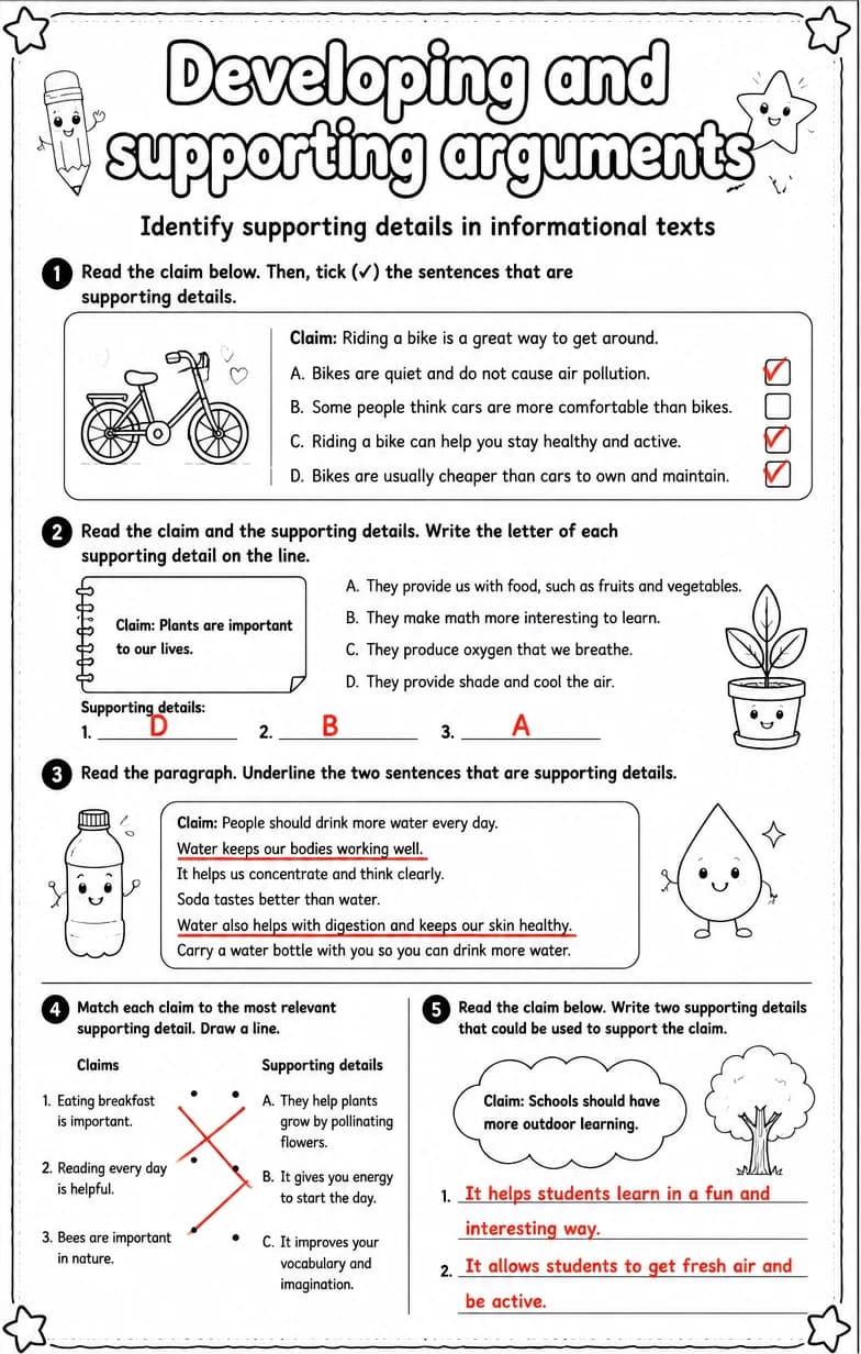 Answer key for Identify supporting details in informational texts — free printable English & Reading worksheet