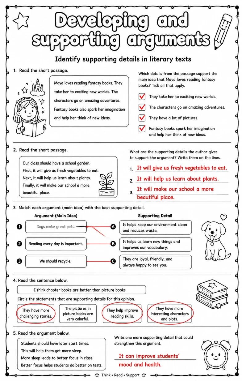 Answer key for Identify supporting details in literary texts — free printable English & Reading worksheet