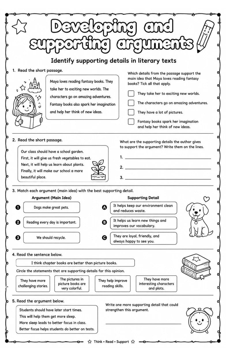 Identify supporting details in literary texts — free printable Grade 4 English & Reading worksheet