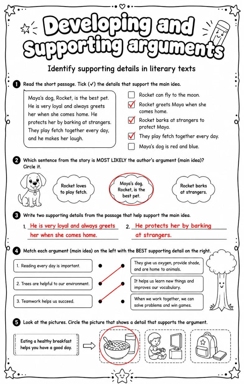 Answer key for Identify supporting details in literary texts — free printable English & Reading worksheet