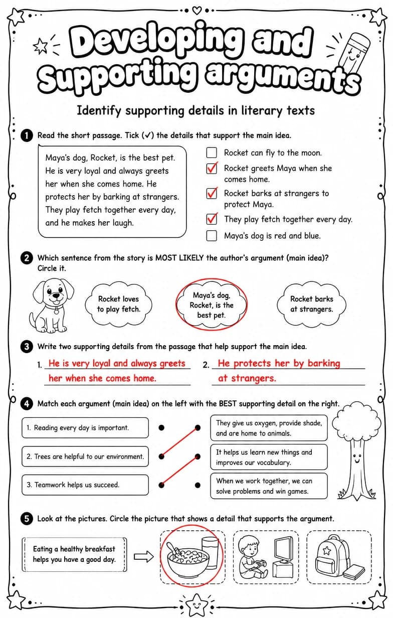 Answer key for Identify supporting details in literary texts — free printable English & Reading worksheet