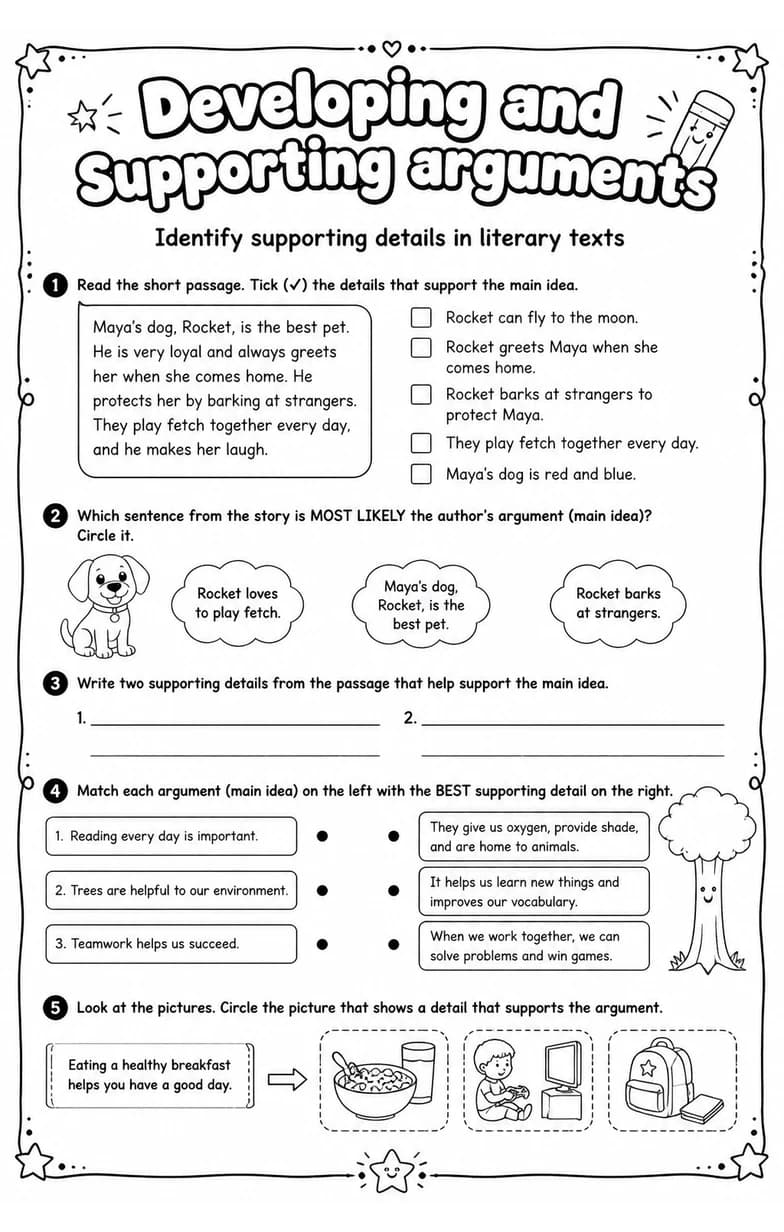 Identify supporting details in literary texts — free printable Grade 5 English & Reading worksheet