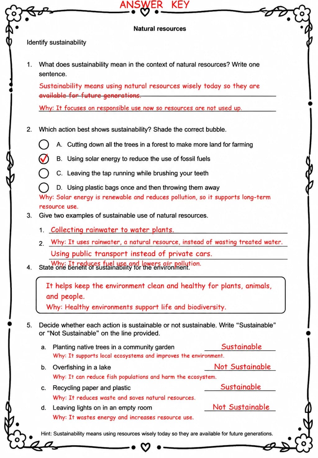 Answer key for Identify sustainability — free printable Science worksheet