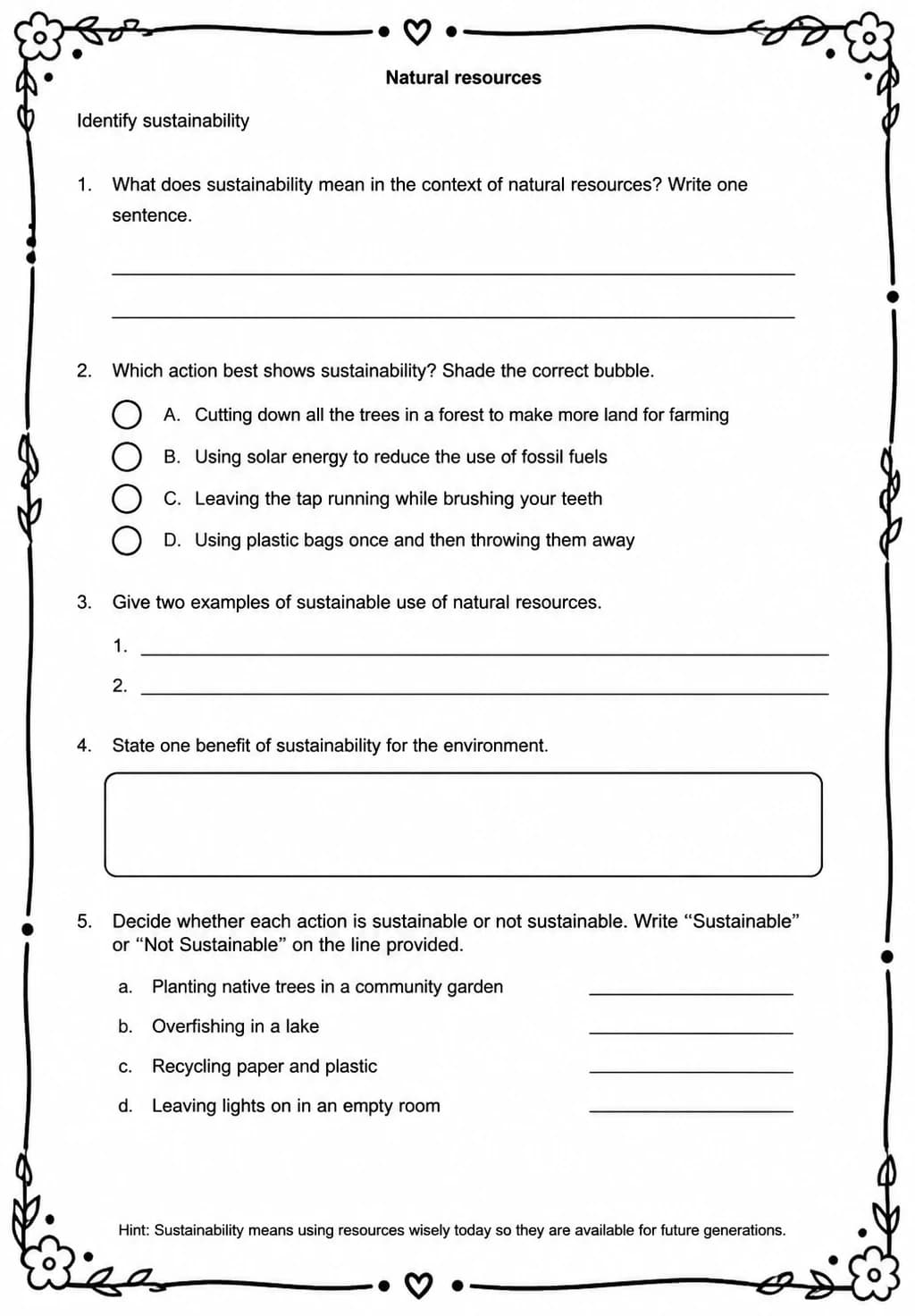 Identify sustainability — free printable Middle School Science worksheet