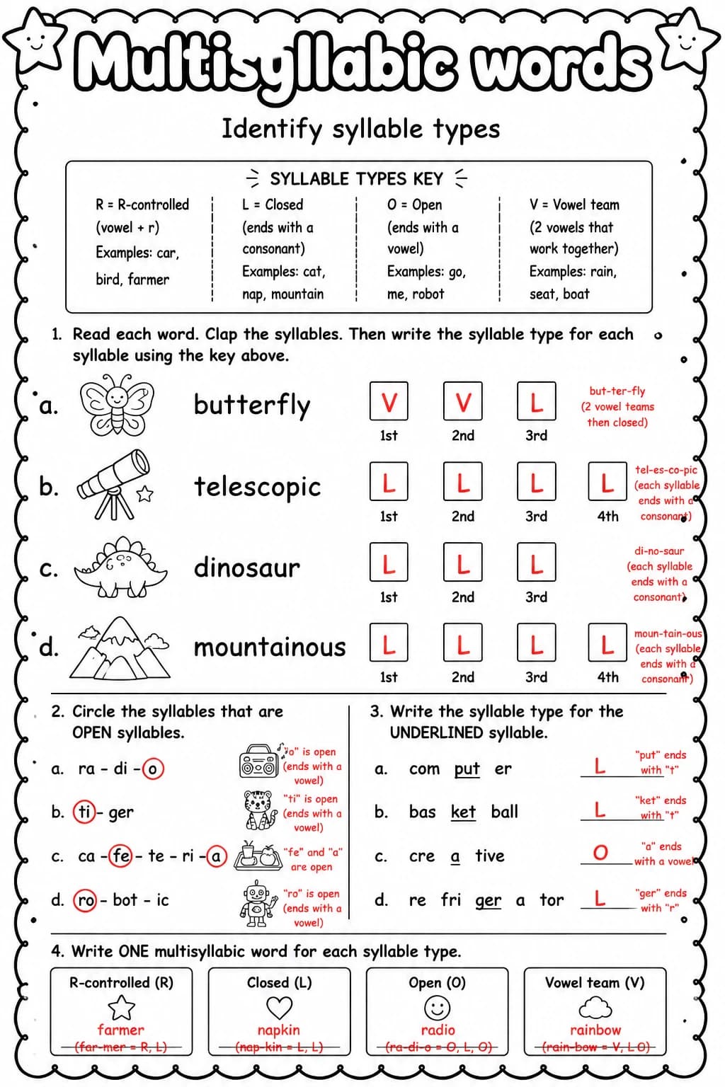 Answer key for Identify syllable types — free printable English & Reading worksheet