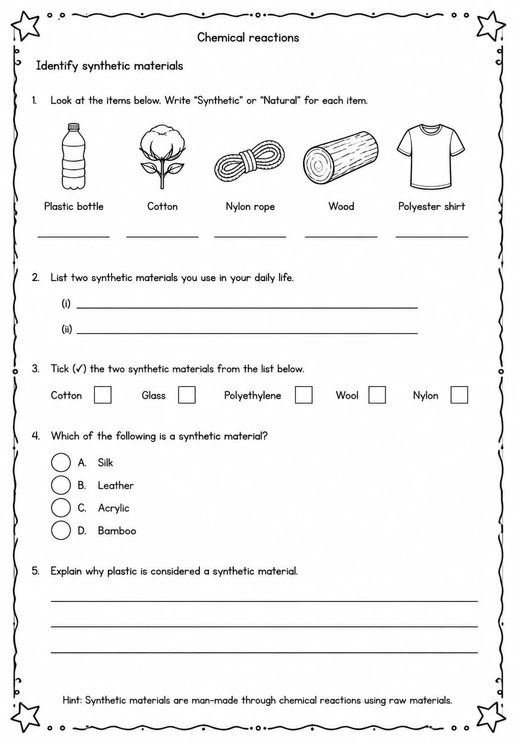Identify synthetic materials — free printable Middle School Science worksheet