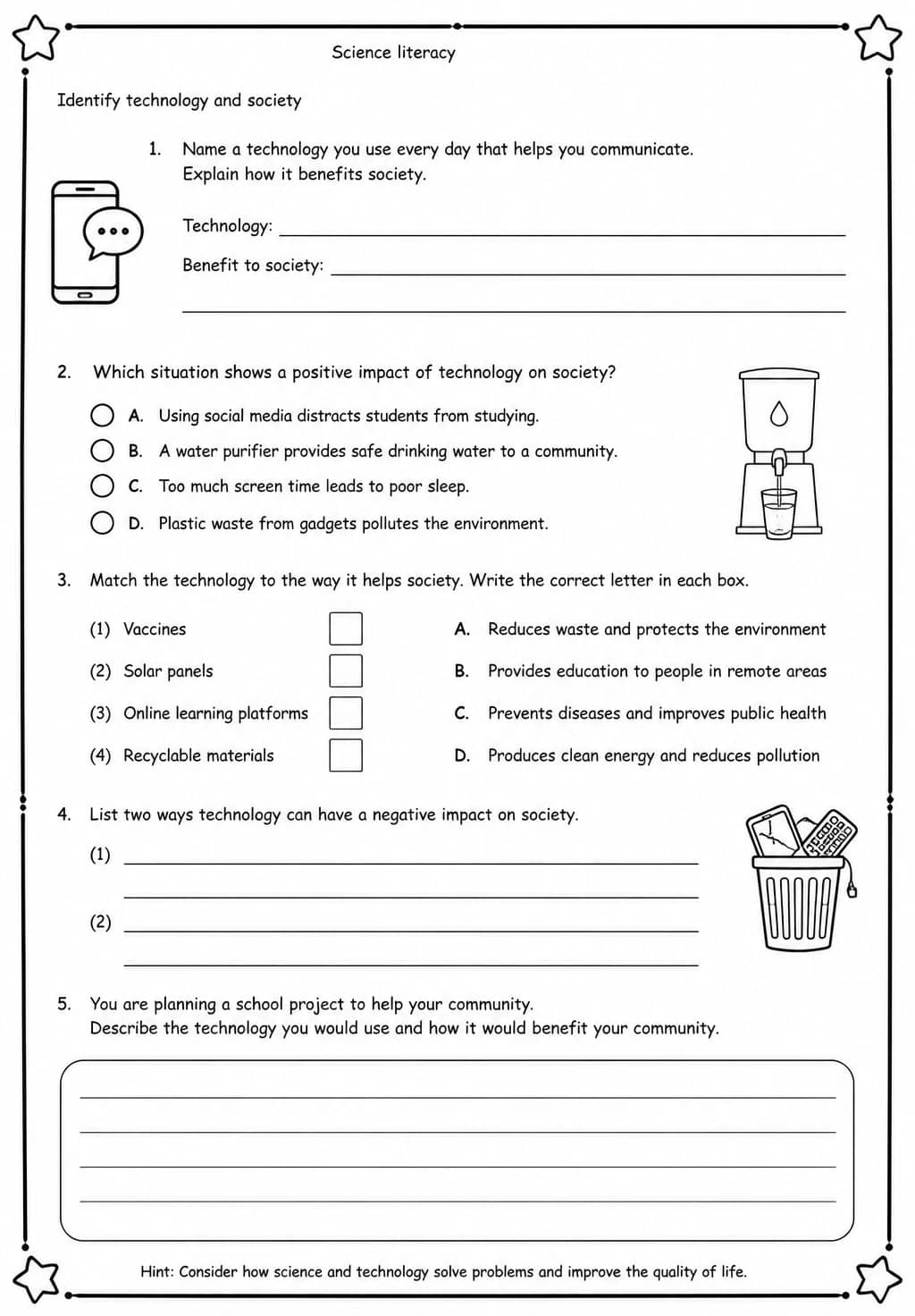 Identify technology and society — free printable High School Science worksheet
