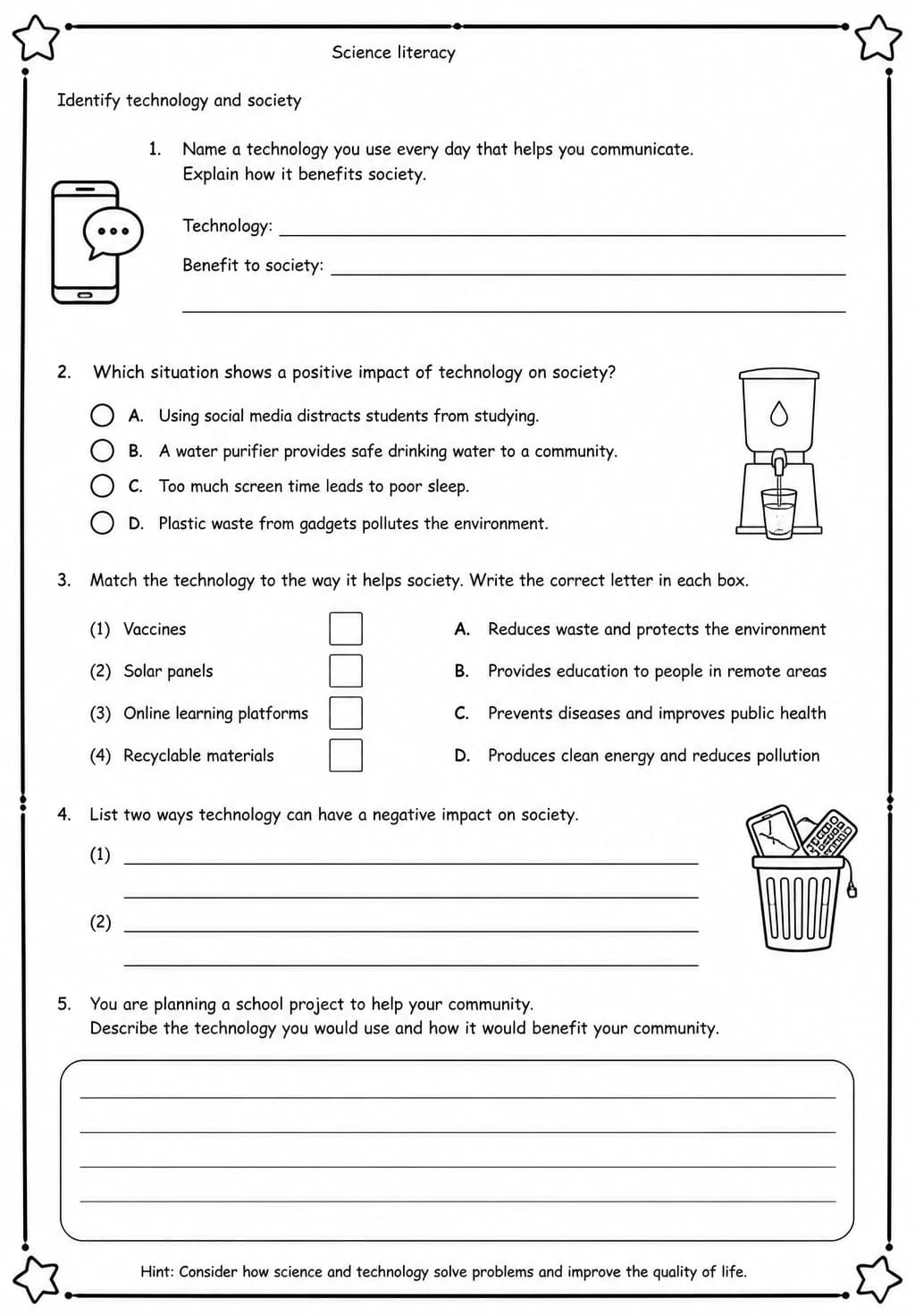 Identify technology and society — free printable High School Science worksheet