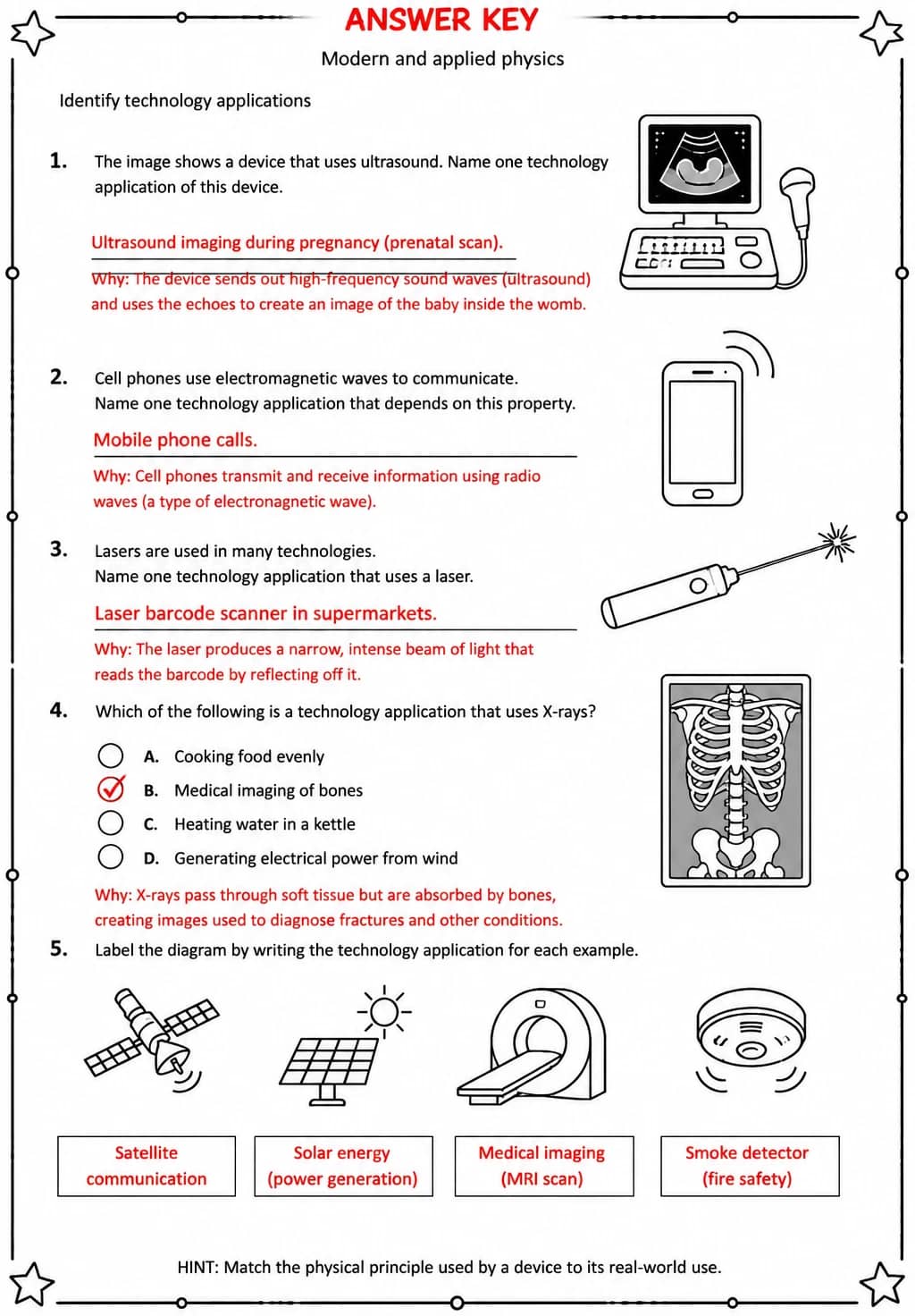 Answer key for Identify technology applications — free printable Science worksheet