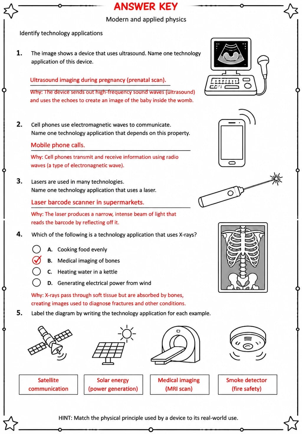Answer key for Identify technology applications — free printable Science worksheet