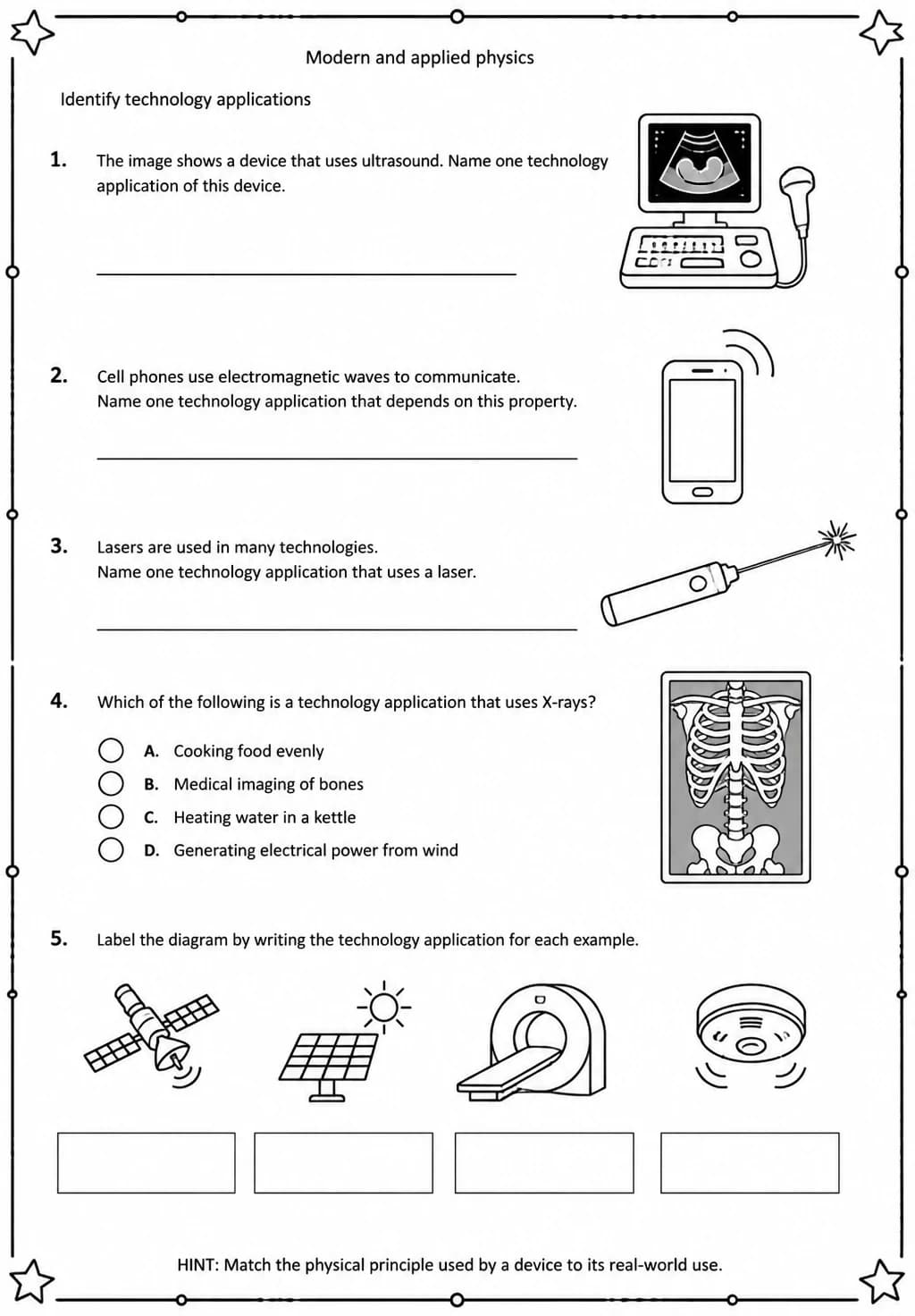 Identify technology applications — free printable High School Science worksheet