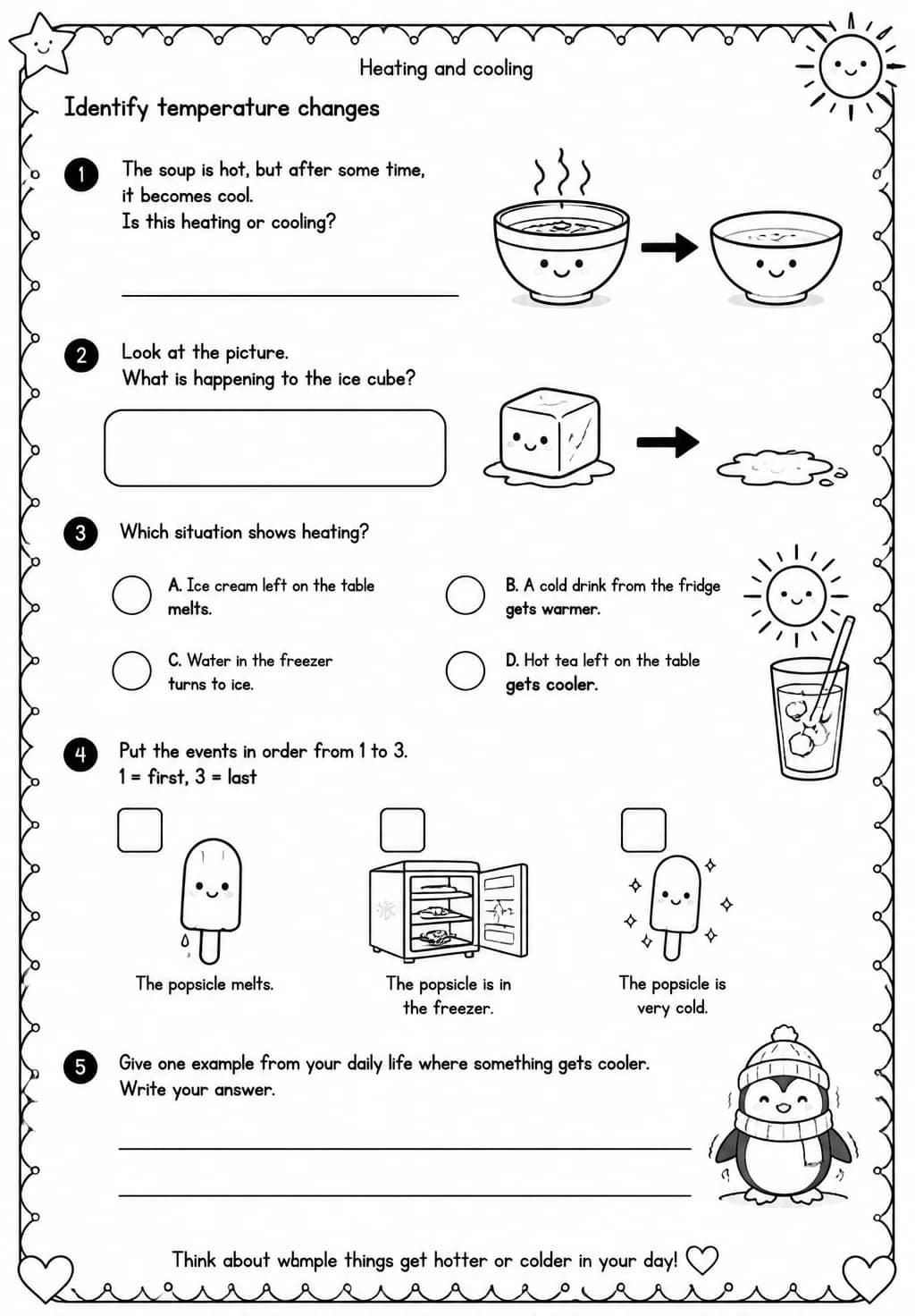 Identify temperature changes — free printable Grade 1 Science worksheet