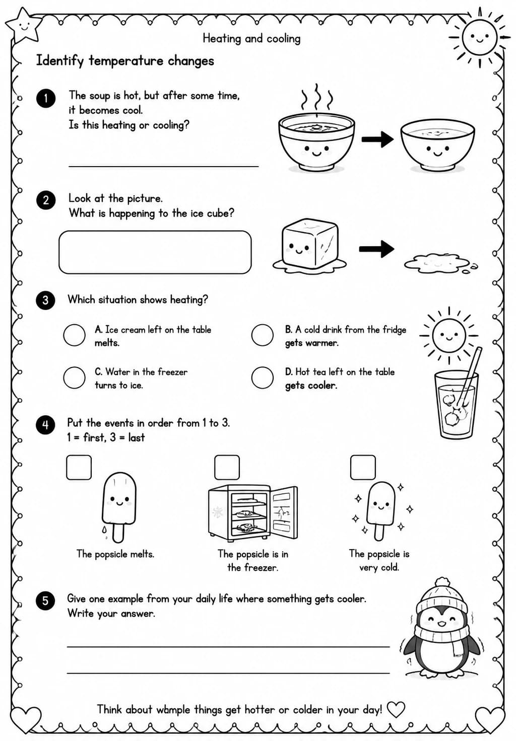 Identify temperature changes — free printable Grade 1 Science worksheet
