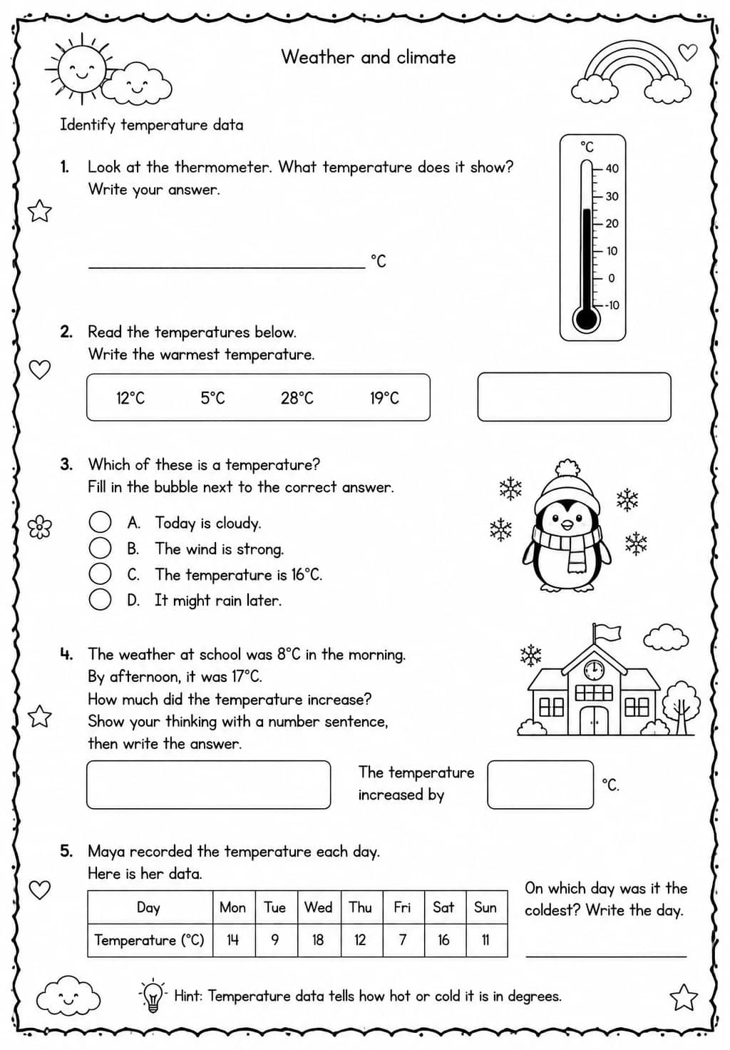 Identify temperature data — free printable Grade 3 Science worksheet
