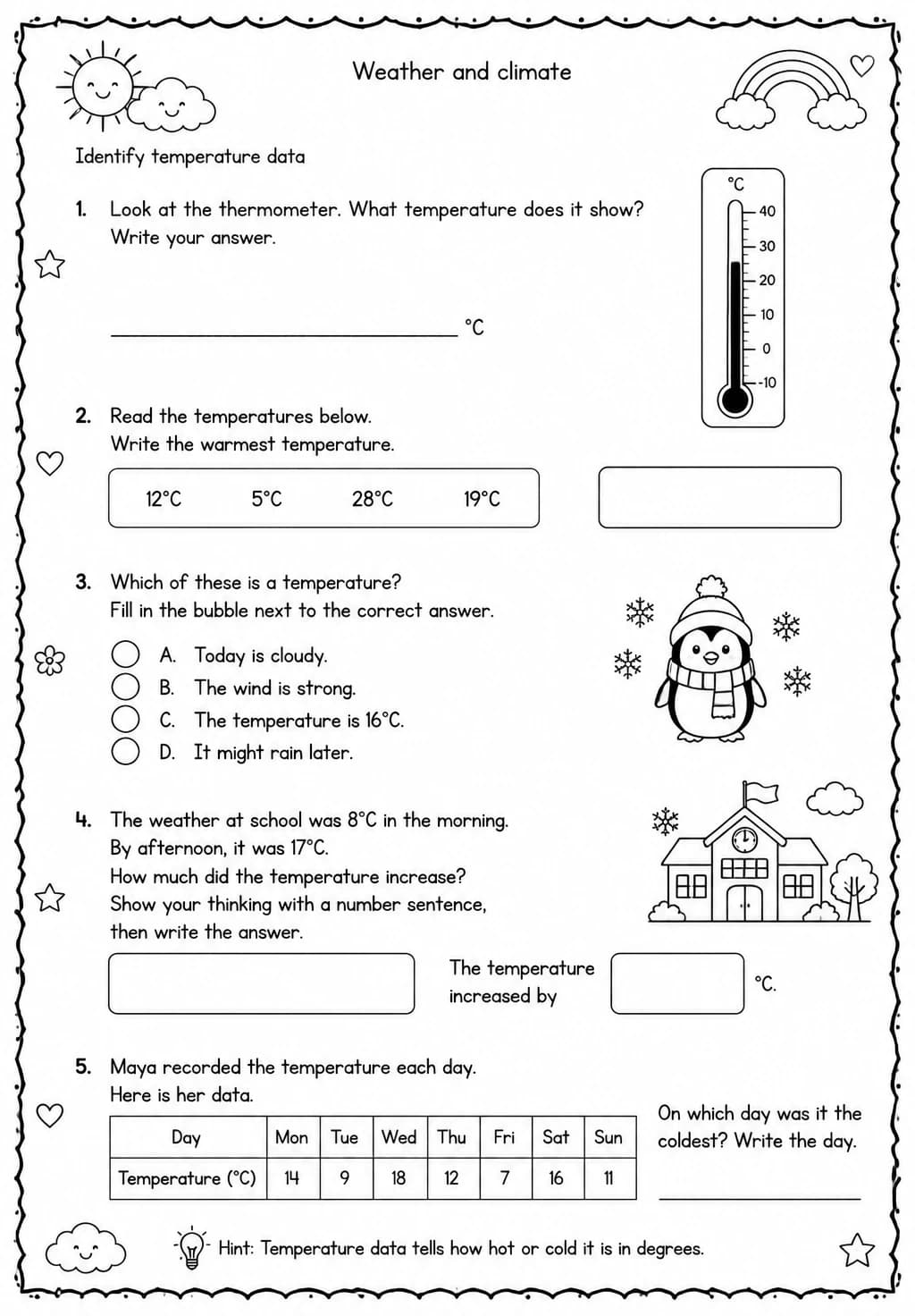 Identify temperature data — free printable Grade 3 Science worksheet