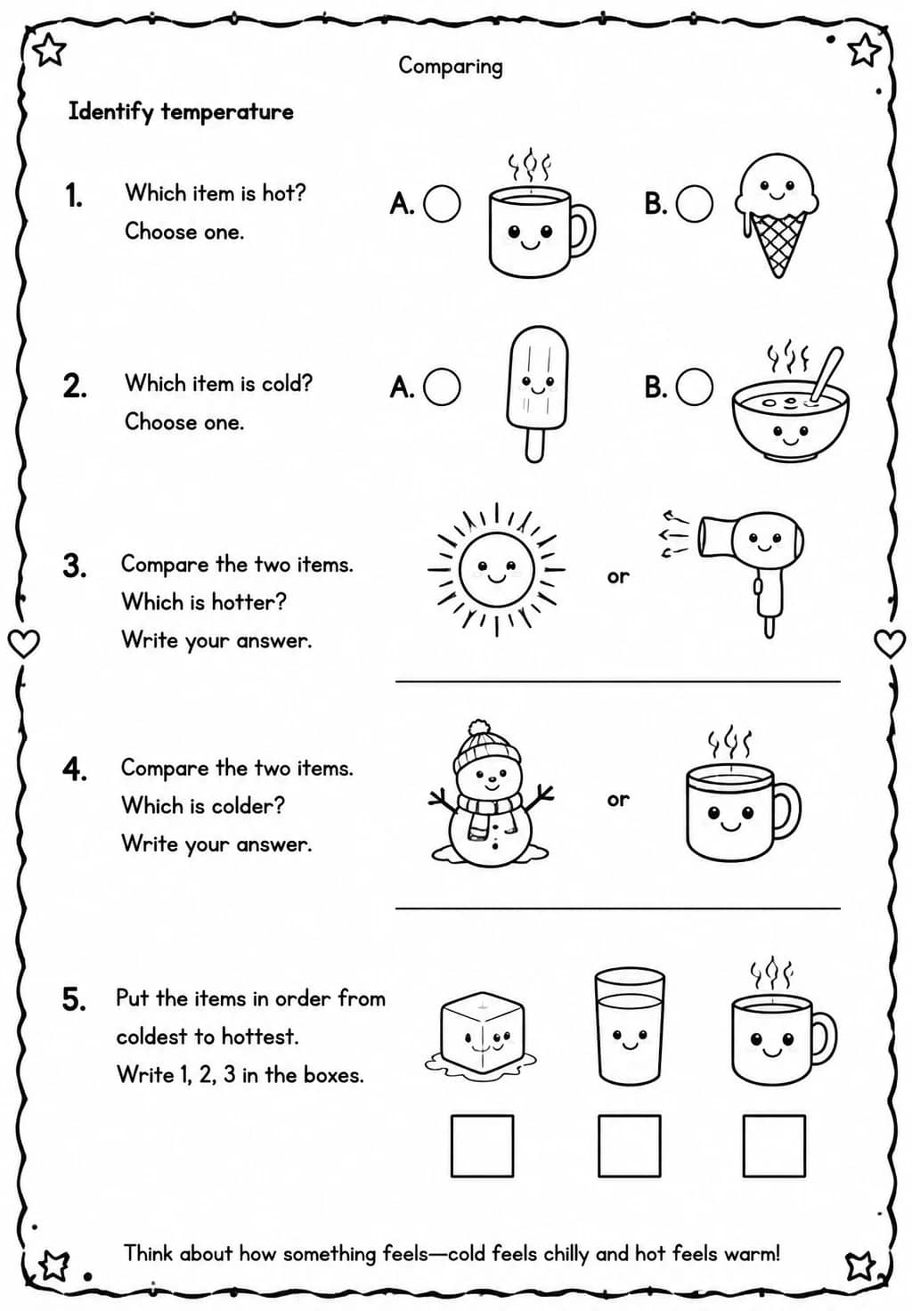 Identify temperature — free printable Grade 1 Science worksheet