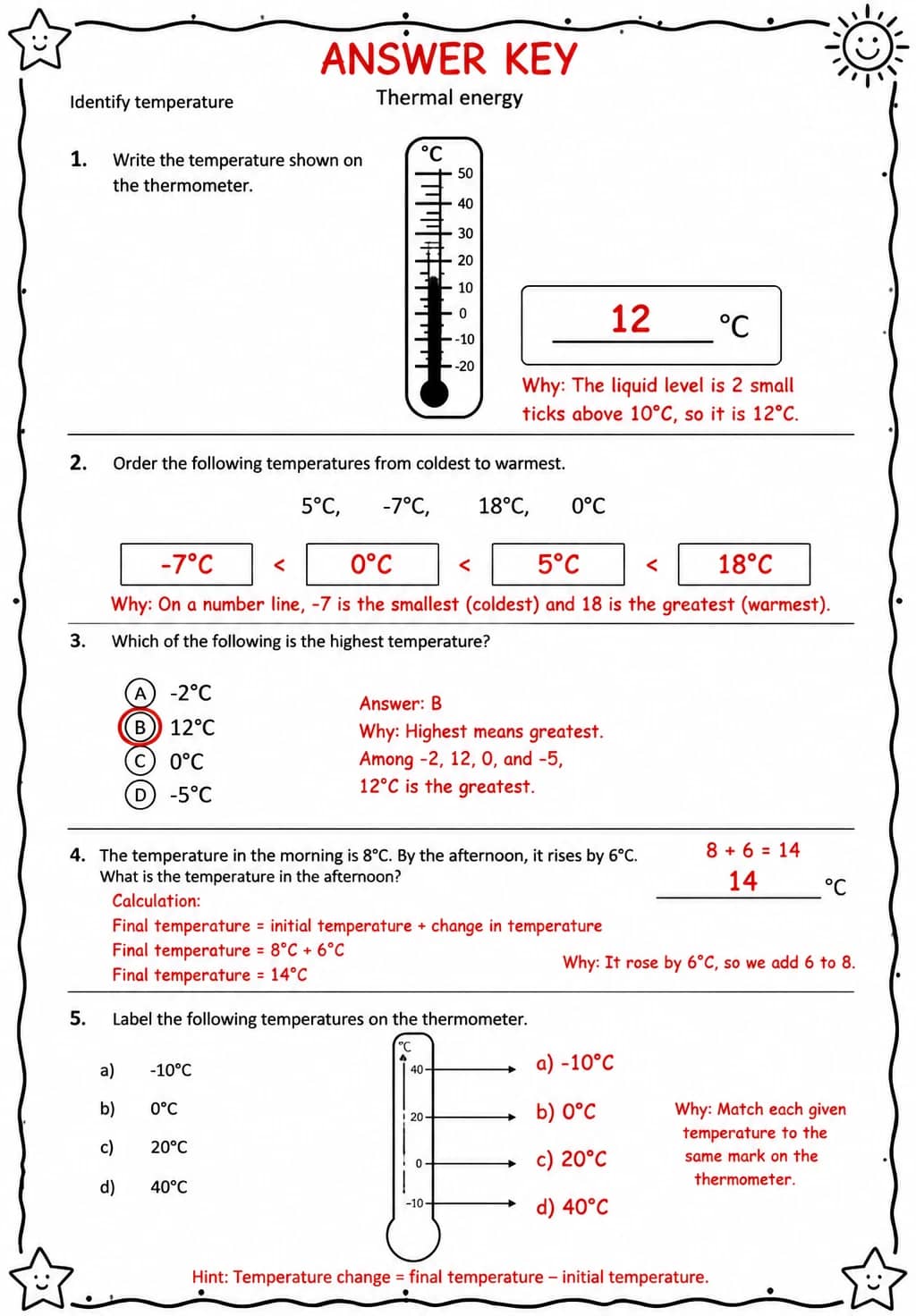 Answer key for Identify temperature — free printable Science worksheet