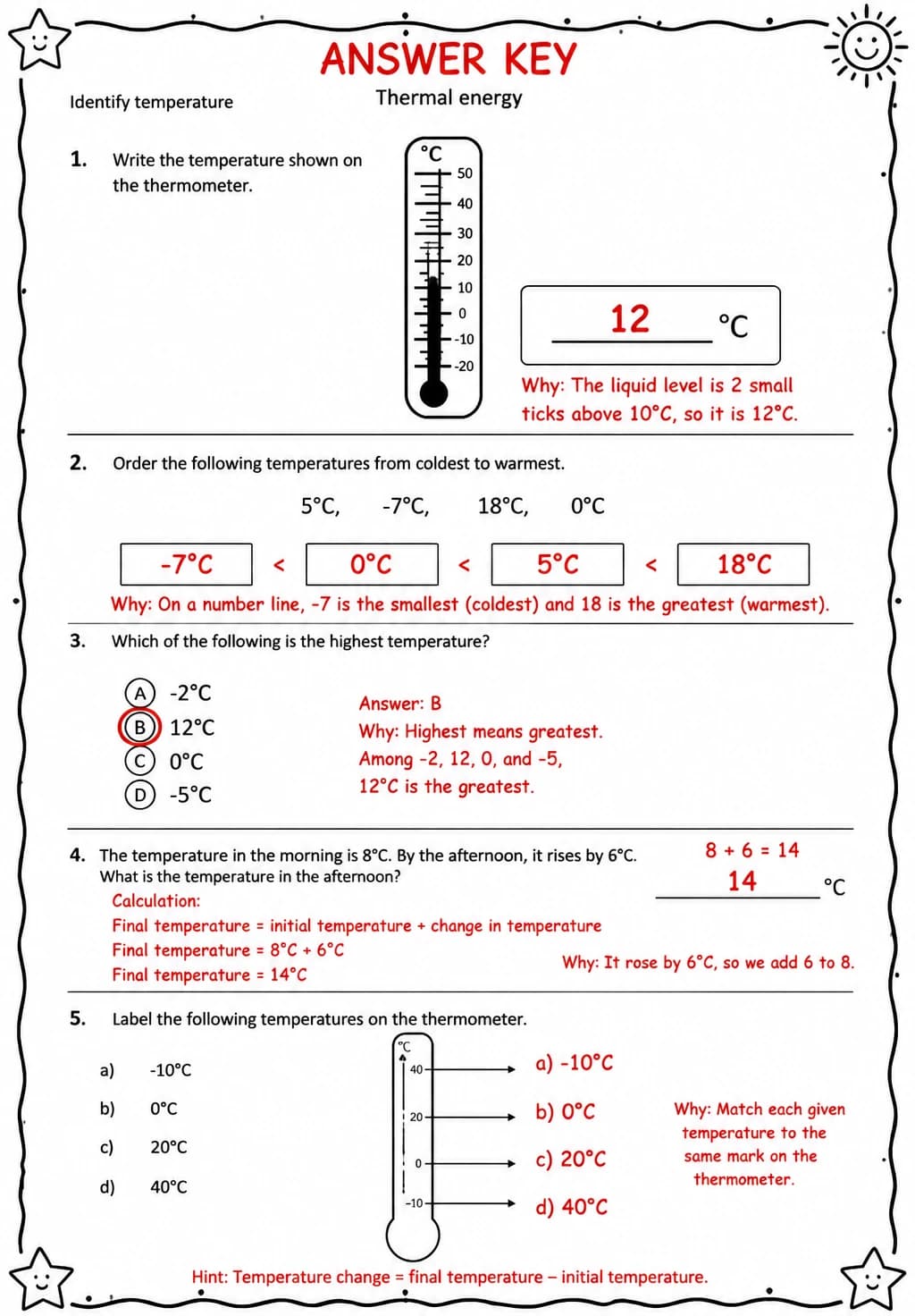 Answer key for Identify temperature — free printable Science worksheet