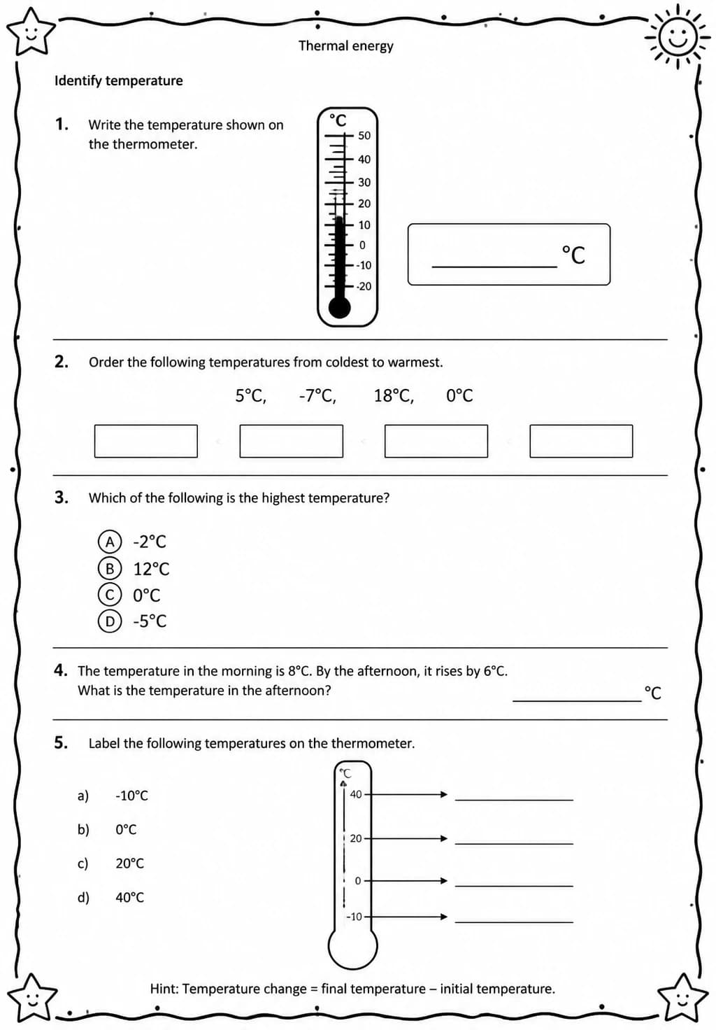 Identify temperature — free printable Middle School Science worksheet
