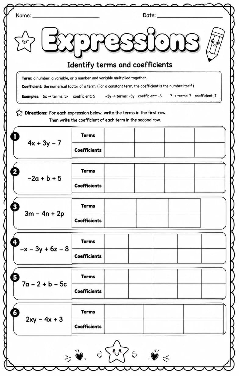 Identify terms and coefficients — free printable Grade 6 math worksheet