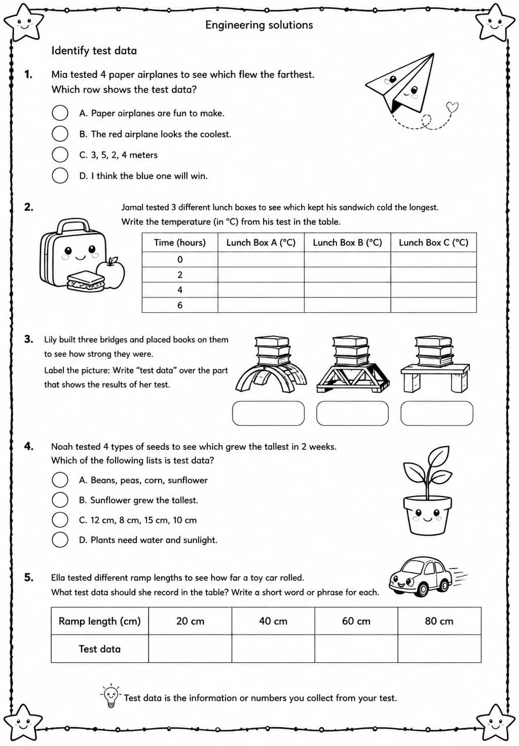 Identify test data — free printable Grade 4 Science worksheet