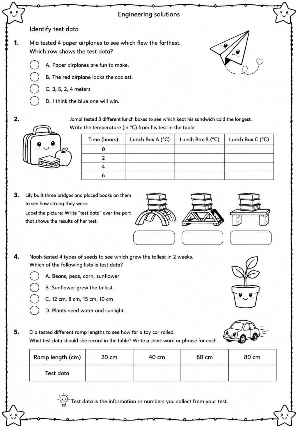 Identify test data — free printable Grade 4 Science worksheet