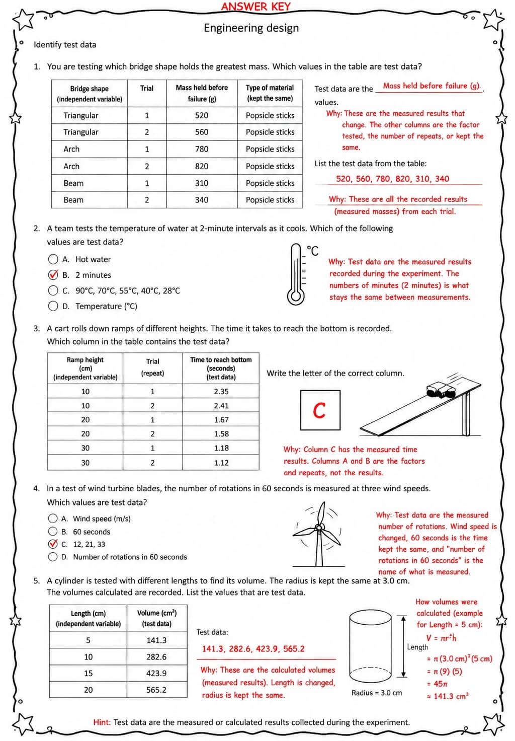 Answer key for Identify test data — free printable Science worksheet